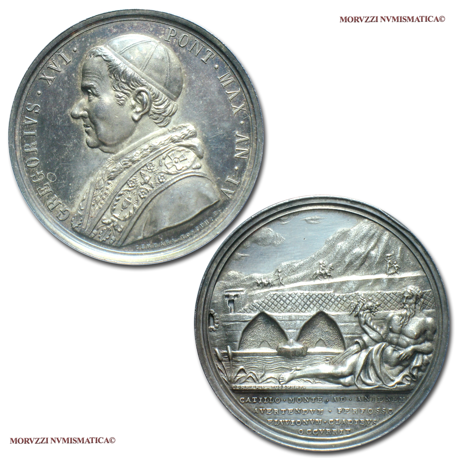 Stato Pontificio, GREGORIO XVI, MEDAGLIA ANNUALE IN ARGENTO, 1834 AN IV, Deviazione del corso dell'Aniene, Opus Giuseppe Cerbara, FDC, (R), (Bartolotti E834) / Pope Gregory XVI SILVER MEDALS (medaglie papali d'argento rare - medaglie pontificie annuali) | Moruzzi Numismatica