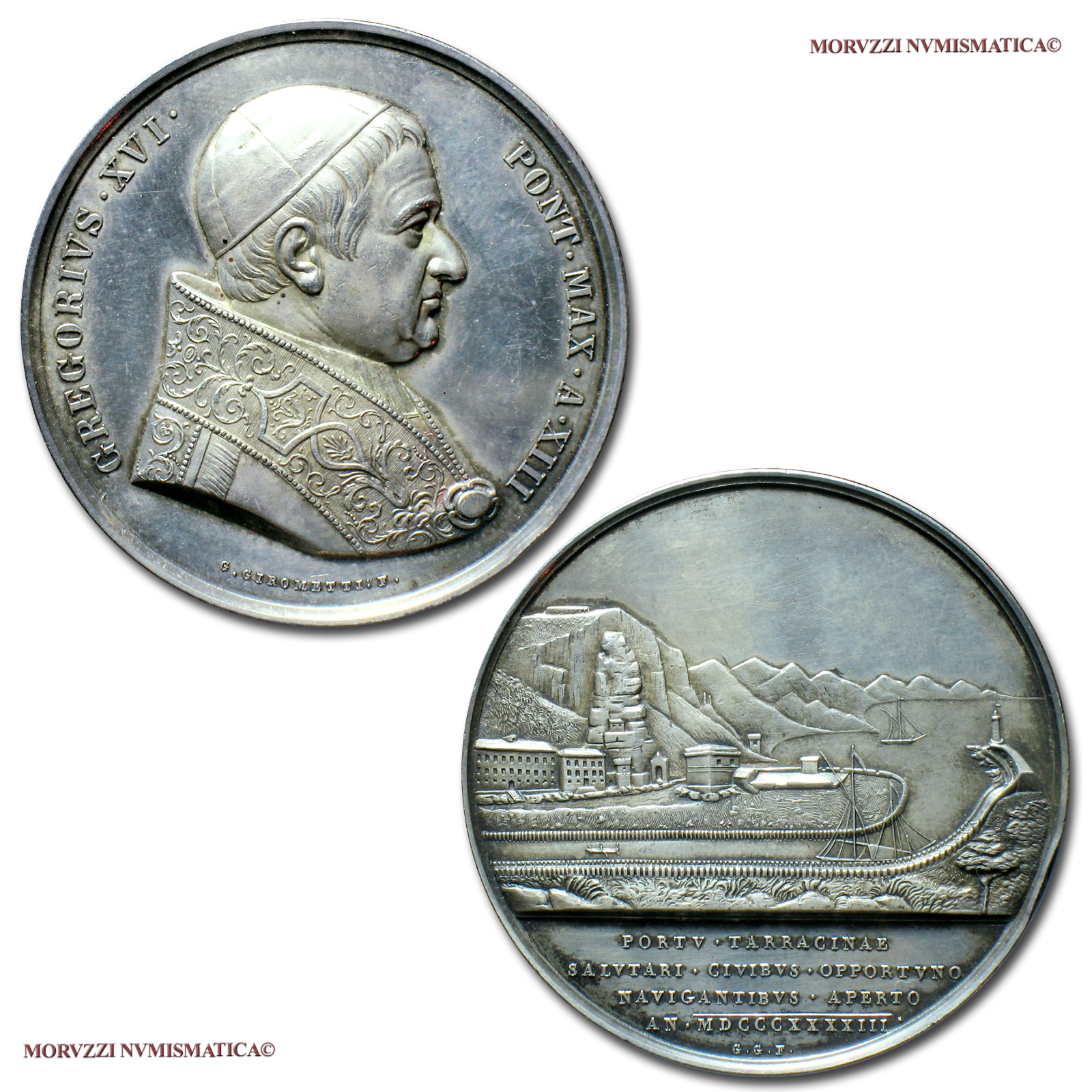 Stato Pontificio, GREGORIO XVI, MEDAGLIA ANNUALE IN ARGENTO, 1843 A XIII, Sistemazione del porto di Terracina, Opus Giuseppe Girometti, FDC, (NC), (Bartolotti E843) / Pope Gregory XVI SILVER MEDALS (medaglie papali d'argento - medaglie pontificie annuali) | Moruzzi Numismatica