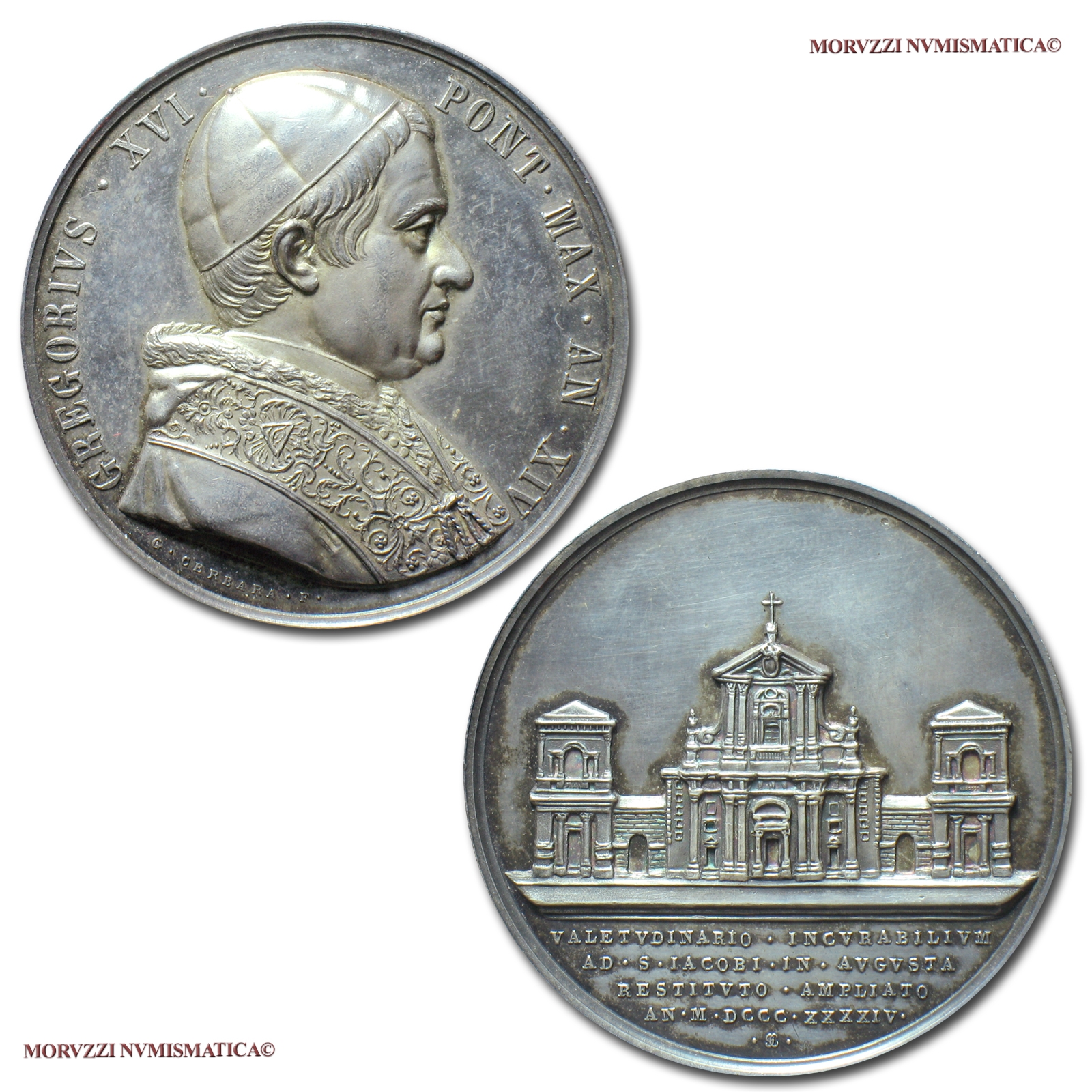 Stato Pontificio, GREGORIO XVI, MEDAGLIA ANNUALE IN ARGENTO, 1844 AN XIV, Sistemazione dell'Ospedale San Giacomo, Opus Giuseppe Cerbara, qFDC, (R), (Bartolotti E844) / Pope Gregory XVI SILVER MEDALS (medaglie papali d'argento - medaglie pontificie rare) | Moruzzi Numismatica