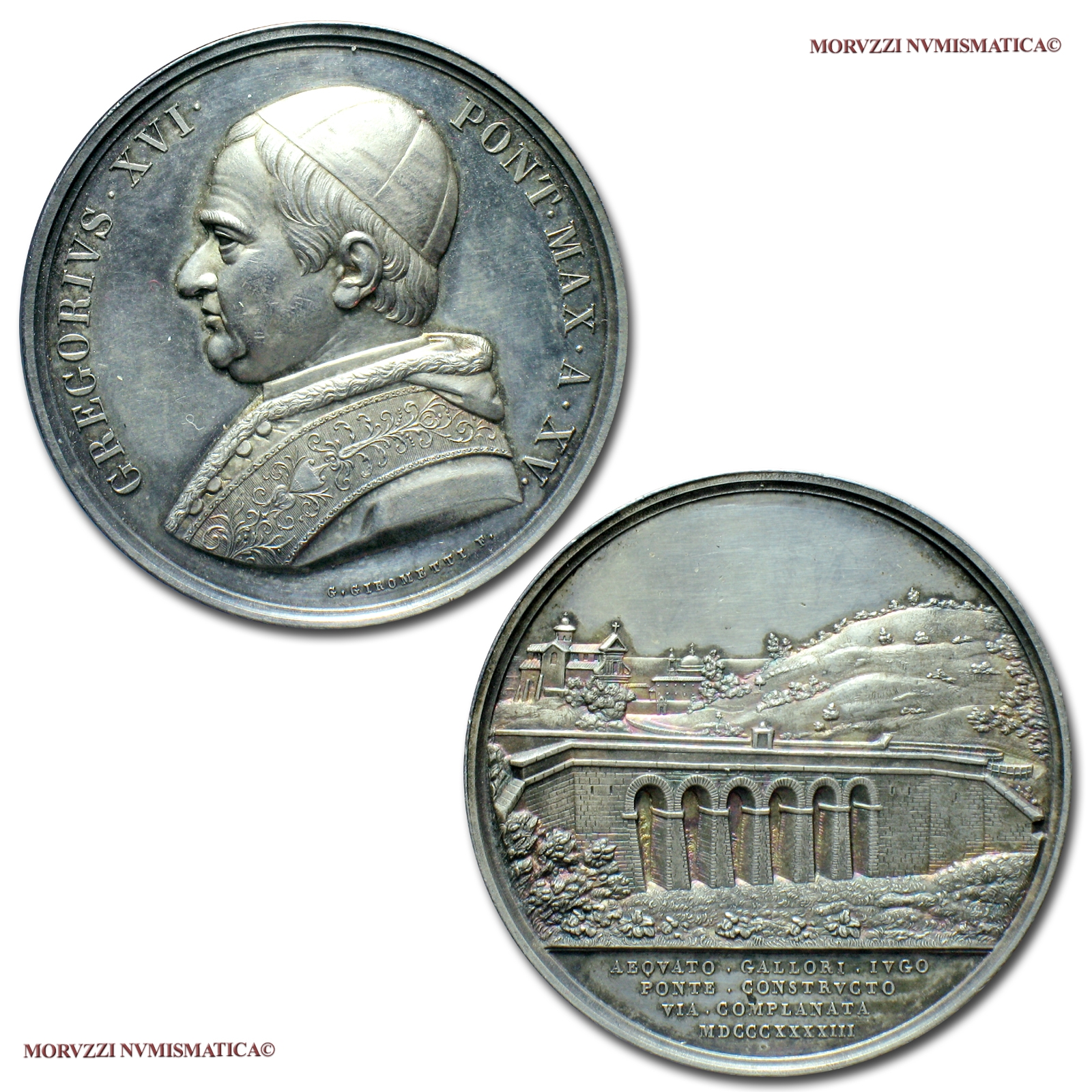 Stato Pontificio, GREGORIO XVI, MEDAGLIA ANNUALE IN ARGENTO, 1845 A XV, Costruzione del Ponte di Galloro, Opus Giuseppe Girometti, qFDC, (R), (Bartolotti E845) / Gregory XVI SILVER MEDALS (medaglie papali d'argento rare - medaglie pontificie annuali rare) | Moruzzi Numismatica