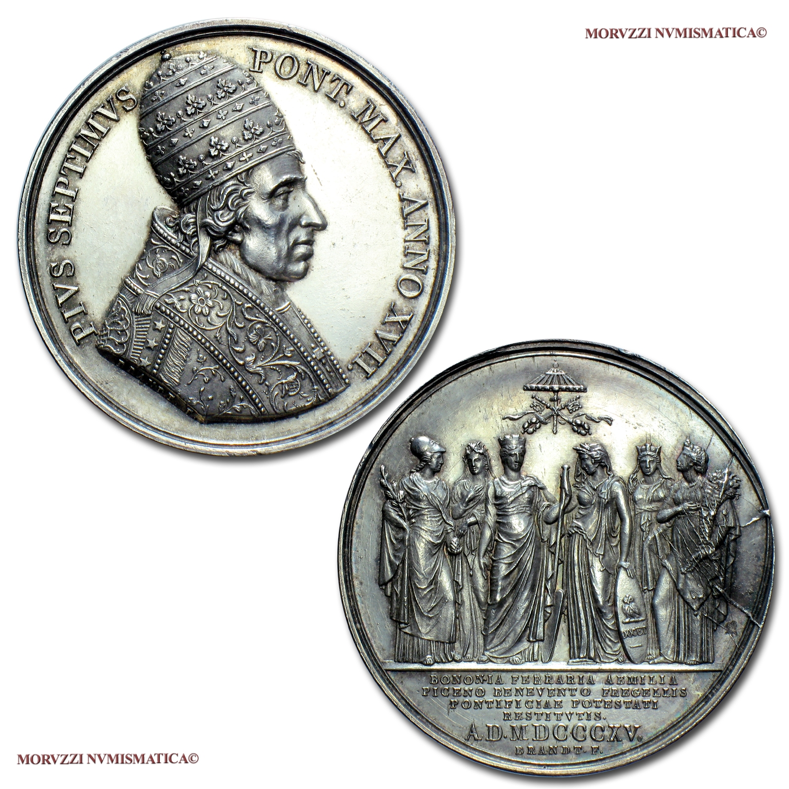 Stato Pontificio, PIO VII, MEDAGLIA ANNUALE IN ARGENTO, 1816 ANNO XVII, Restituzione al Pontefice delle Provincie, Opus Brandt, qFDC, (R), (Bartolotti E816) / Pope Pius VII Chiaramonti SILVER MEDALS (medaglie papali rare d'argento - medaglie pontificie) | Moruzzi Numismatica