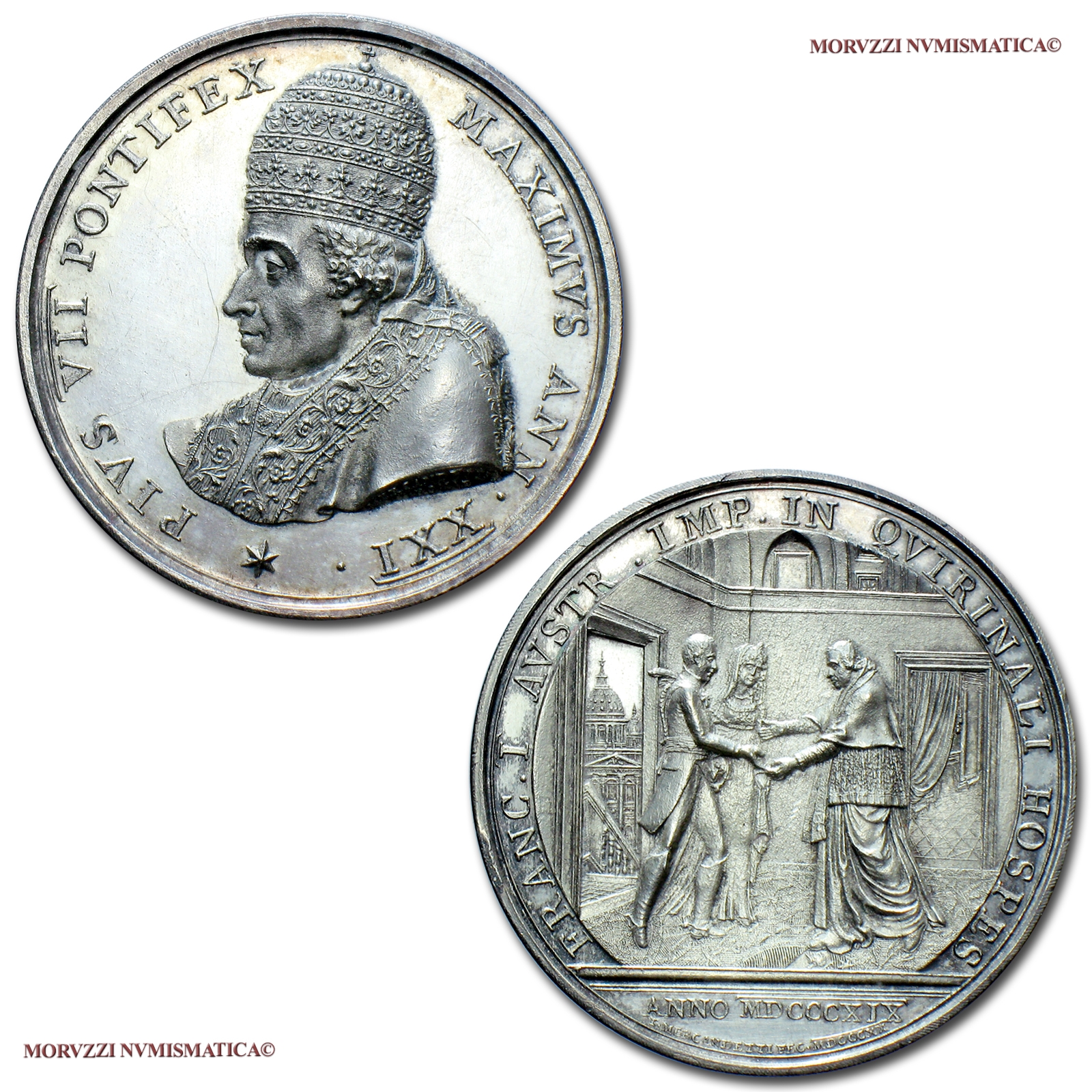 Stato Pontificio, PIO VII, MEDAGLIA ANNUALE IN ARGENTO, 1820 ANN XXI, Visita dell'Imperatore d'Austria, Opus Mercandetti, FDC, (R), (Bartolotti E820) / Pope Pius VII Chiaramonti SILVER MEDALS (medaglie papali rare d'argento - medaglie pontificie annuali) | Moruzzi Numismatica