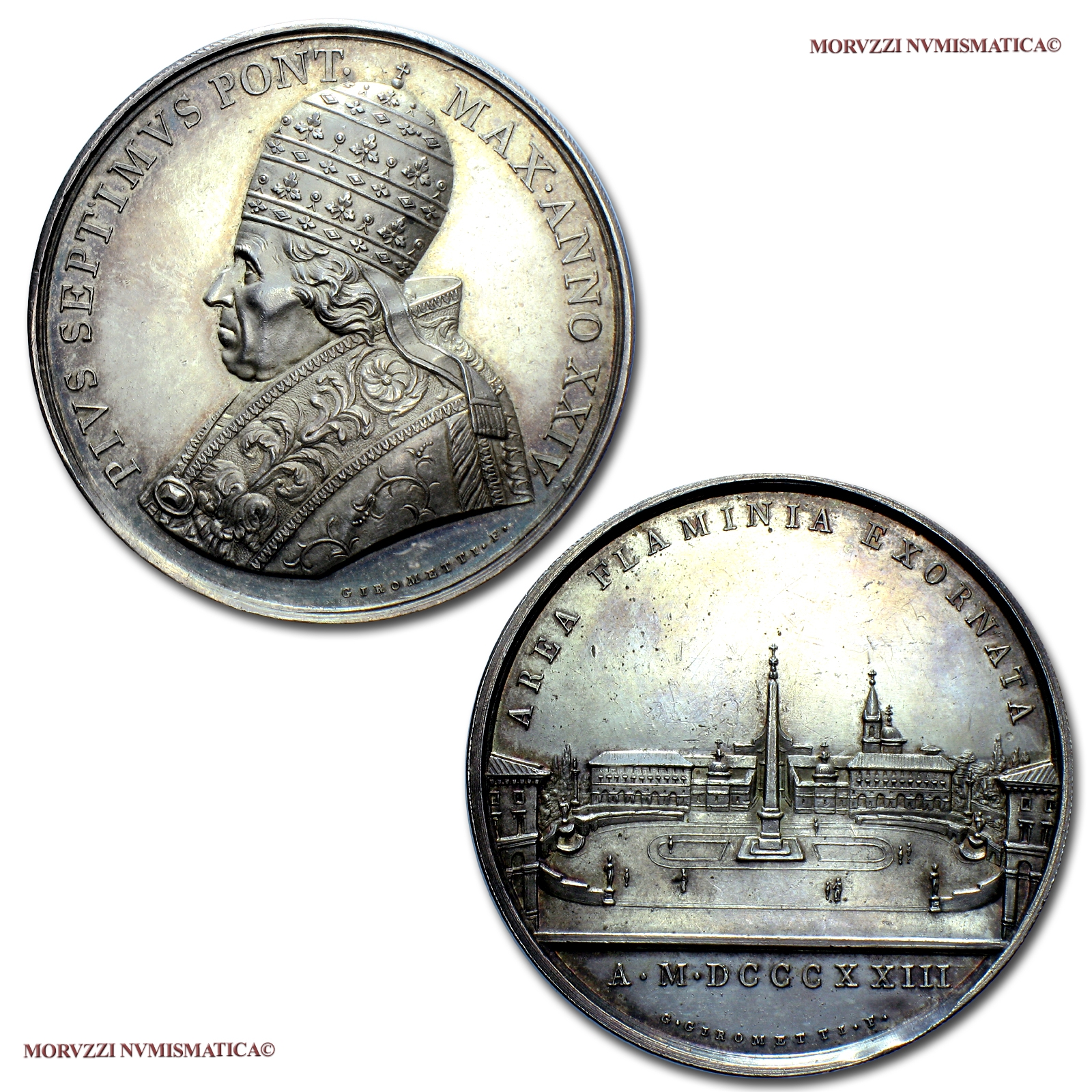 Stato Pontificio, PIO VII, MEDAGLIA ANNUALE IN ARGENTO, 1823 ANNO XXIV, Sistemazione di Piazza del Popolo, Opus Giuseppe Girometti, qFDC, (R), (Bartolotti E823) Pope Pius VII Chiaramonti SILVER MEDALS (medaglie papali rare d'argento - medaglie pontificie) | Moruzzi Numismatica