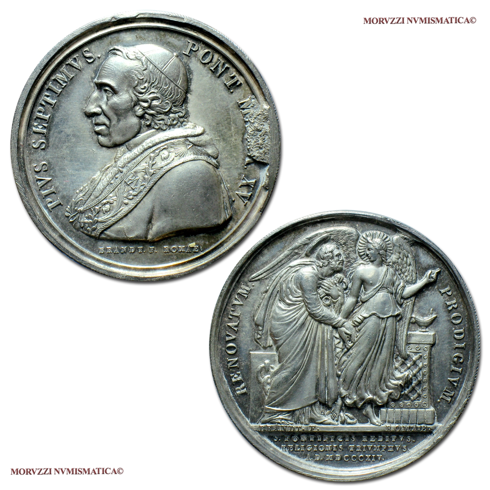 Stato Pontificio, PIO VII, MEDAGLIA STRAORDINARIA IN ARGENTO, 1814 A XV, Renovatvm Prodigivm, Opus Henri François Brandt, FDC, (RR), (Patrignani 66) / Pope Pius VII Chiaramonti SILVER MEDALS (medaglie papali rare d'argento - medaglie pontificie) | Moruzzi Numismatica