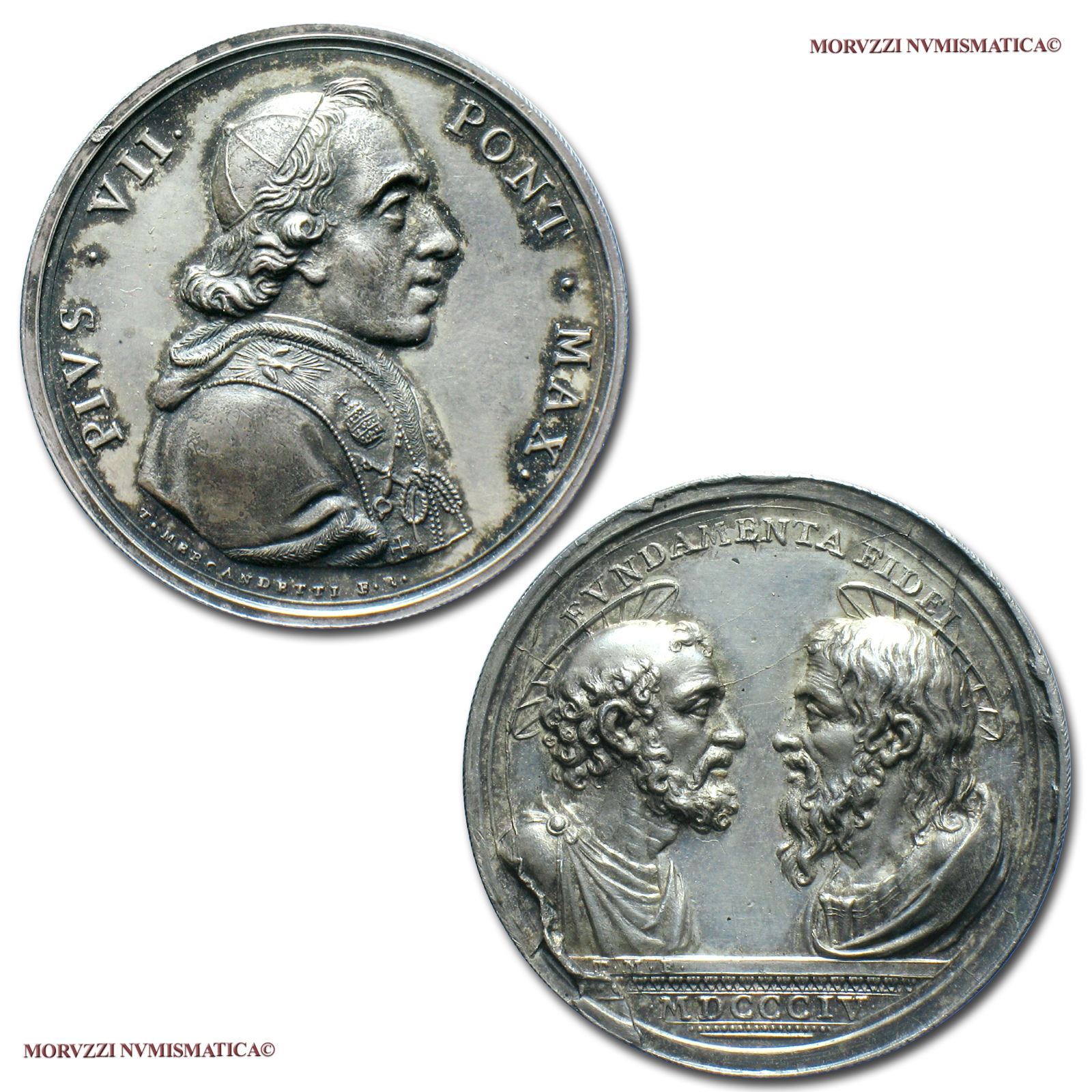 Stato Pontificio, PIO VII, MEDAGLIA STRAORDINARIA IN ARGENTO, 1804, Devozione ai SS. Apostoli Pietro e Paolo, Opus Mercandetti, FDC, (RR), (Patrignani 19b) / Pope Pius VII Chiaramonti SILVER MEDALS (medaglie papali rare d'argento - medaglie pontificie) | Moruzzi Numismatica