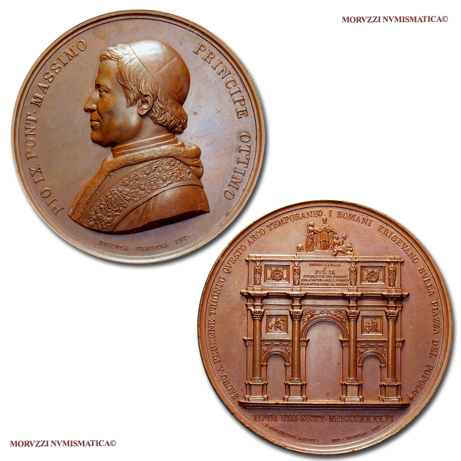 Stato Pontificio, PIO IX, MEDAGLIA ANNUALE IN BRONZO, 1846, Arco temporaneo in Piazza del Popolo, Opus Nicola Cerbara, FDC, (R), (Bartolotti I-34) / Pope Pius IX Mastai Ferretti BRONZE MEDALS (medaglie papali rare di bronzo - medaglie pontificie) | Moruzzi Numismatica
