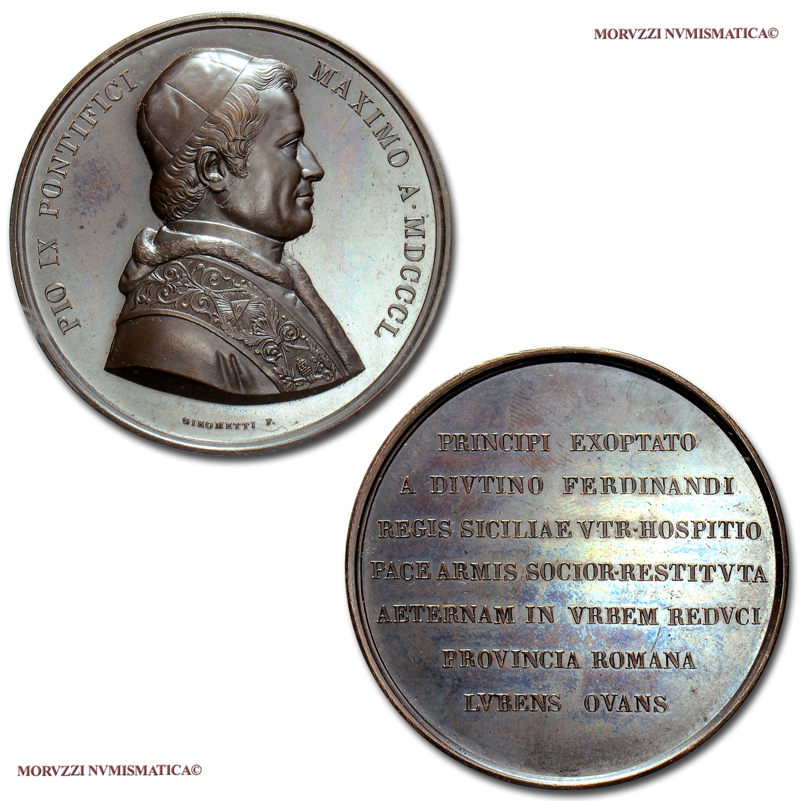 Stato Pontificio, PIO IX, MEDAGLIA STRAORDINARIA IN BRONZO, 1850, Arrivo a Roma del Papa, Opus Giuseppe Girometti, FDC, (R), (Bartolotti IV-22) Pope Pius IX Mastai Ferretti BRONZE MEDALS (medaglie papali rare di bronzo - medaglie pontificie da collezione) | Moruzzi Numismatica