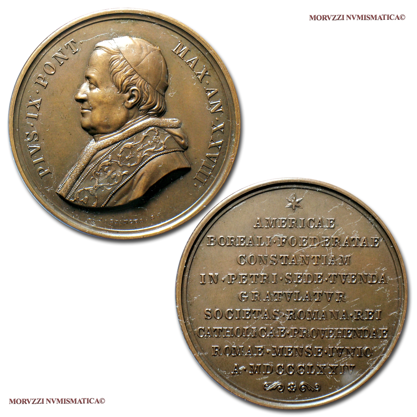 Stato Pontificio, PIO IX, MEDAGLIA STRAORDINARIA IN BRONZO, 1874 AN XXVIII, Aiuti degli Stati Uniti d'America, Opus Giuseppe Bianchi, FDC, (Bartolotti XXVIII-4) / Pope Pius IX Mastai Ferretti BRONZE MEDALS (medaglie papali - medaglie pontificie) | Moruzzi Numismatica