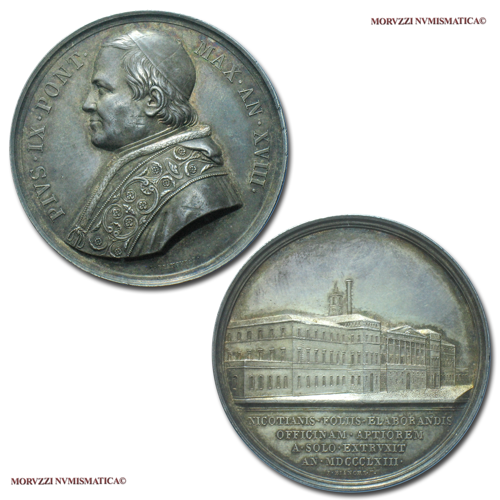 Stato Pontificio, PIO IX, MEDAGLIA ANNUALE IN ARGENTO, 1863 AN XVIII, Nuova Manifattura dei tabacchi, Opus Ignazio Bianchi, SPL, (Bartolotti E863) / Pope Pius IX Mastai Ferretti SILVER MEDALS (medaglie papali d'argento - medaglie pontificie annuali) | Moruzzi Numismatica