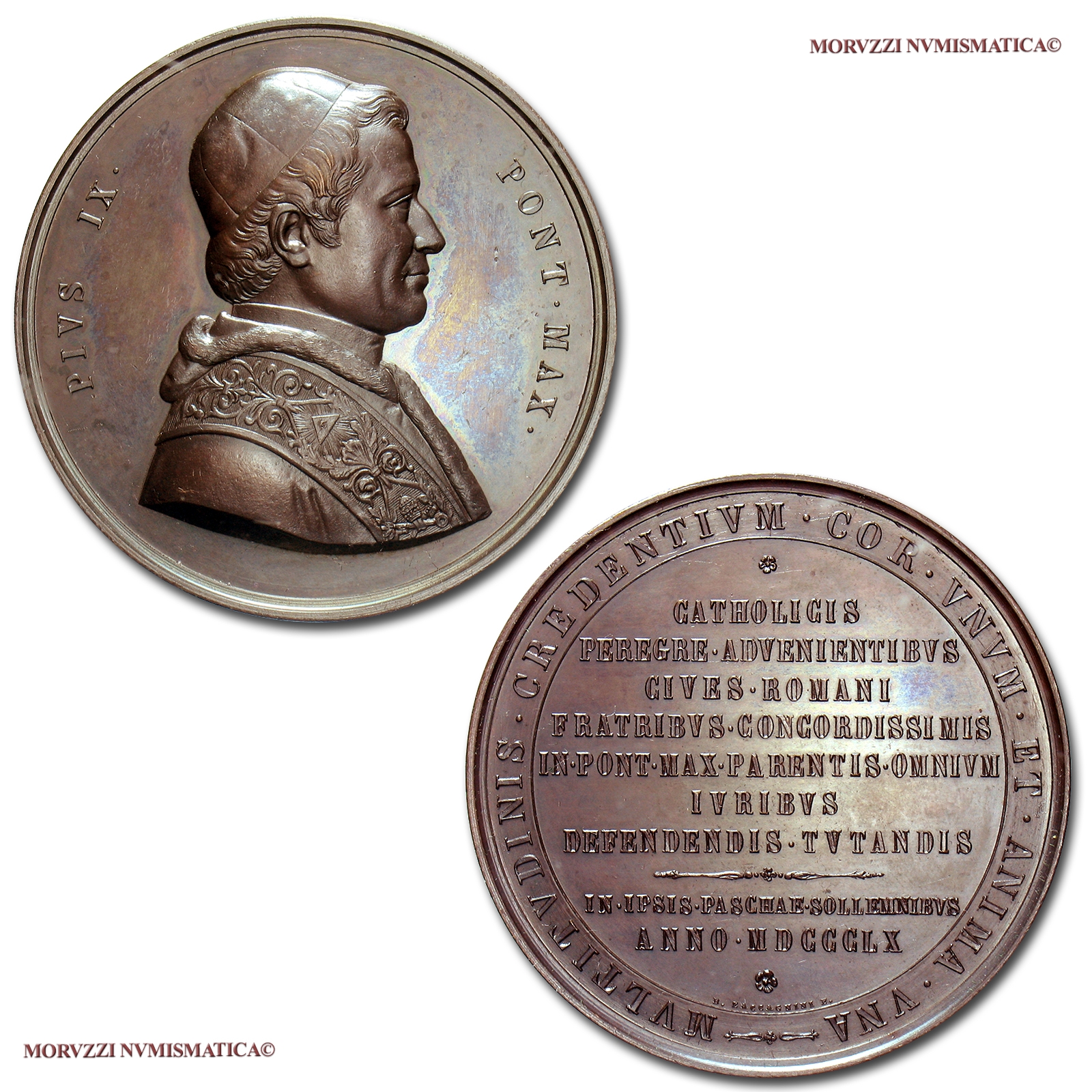 Stato Pontificio, PIO IX, MEDAGLIA STRAORDINARIA IN BRONZO, 1860, Pellegrini stranieri a Roma nella Pasqua del 1860, Opus Bonfiglio Zaccagnini, FDC, (NC), (Bartolotti XIV-16) / Pope Pius IX BRONZE MEDALS (medaglie papali di bronzo - medaglie pontificie) | Moruzzi Numismatica