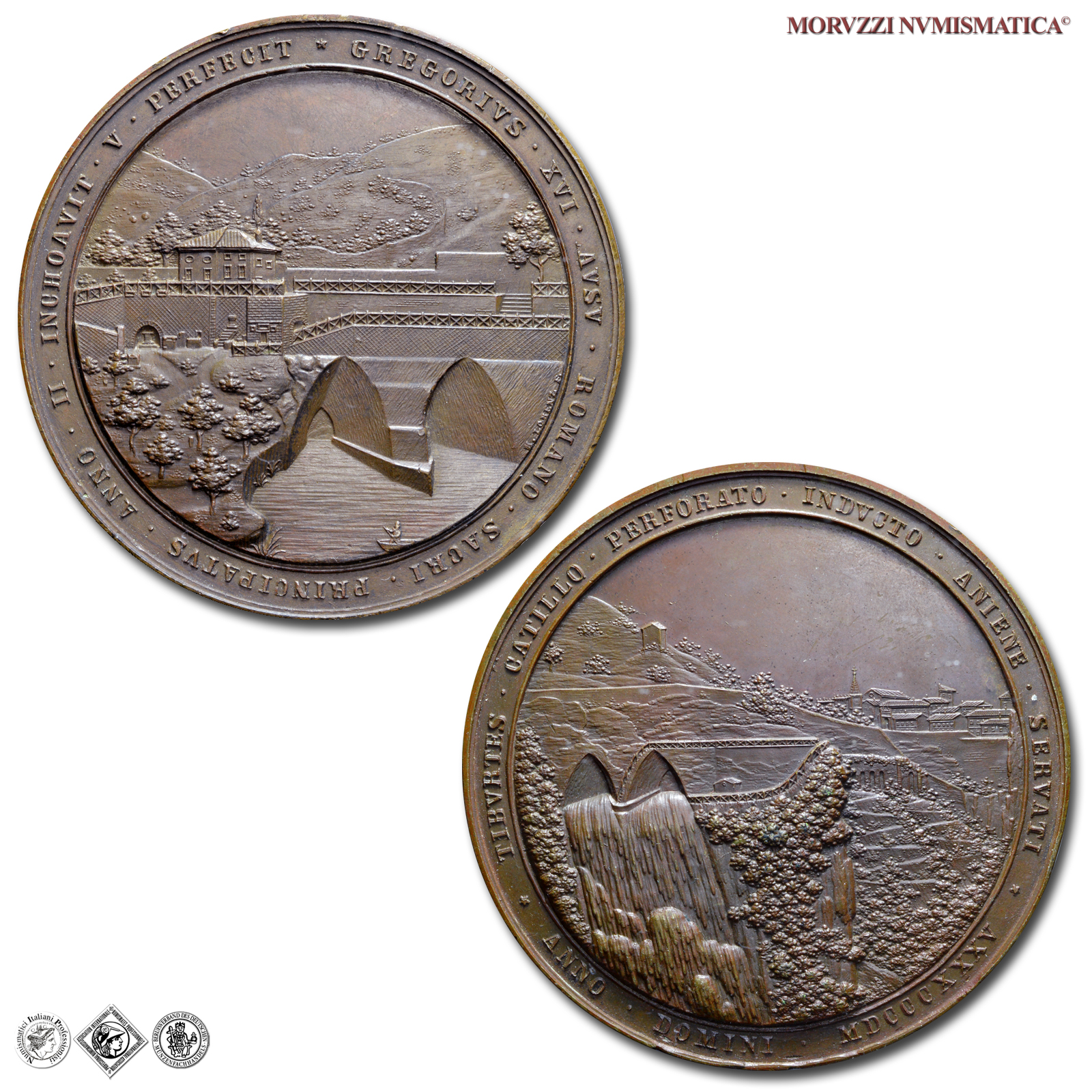 Stato Pontificio, GREGORIO XVI, MEDAGLIA STRAORDINARIA IN BRONZO, 1835, Deviazione dell'Aniene, Opus Carl Heinrich Lorenz, SPL, (R), (Boccia 66) / Pope Gregory XVI BRONZE medals (medaglie papali rare - medaglie pontificie) medaillen von Gregorius XVI. | Moruzzi Numismatica