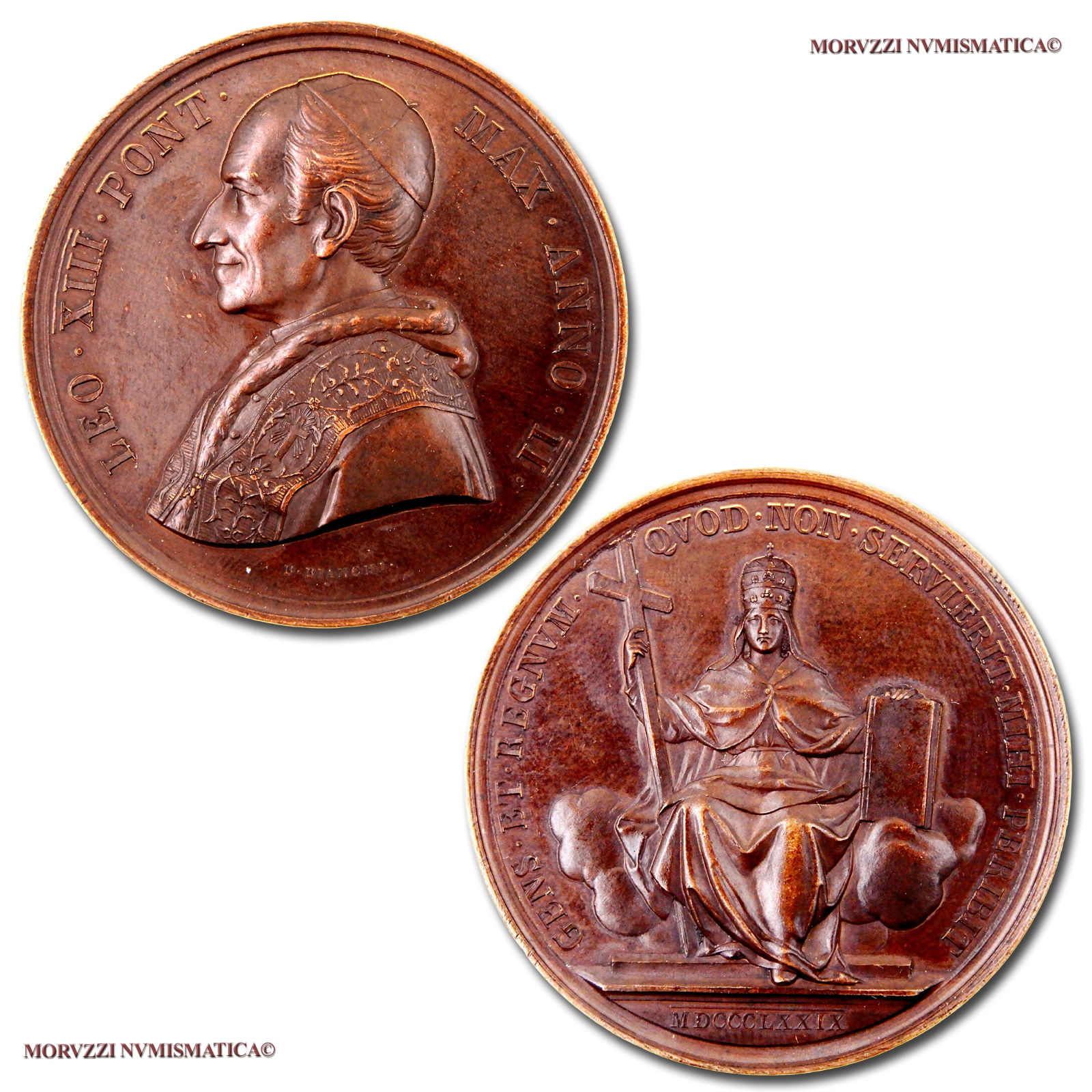 Stato Pontificio, LEONE XIII, MEDAGLIA ANNUALE IN BRONZO, 1879 ANNO II, La Chiesa contro le teorie sovversive, Opus Francesco Bianchi, FDC, (R), (Bartolotti E879) / Pope Leo XIII Pecci BRONZE MEDALS (medaglie papali annuali - medaglie pontificie rare) | Moruzzi Numismatica