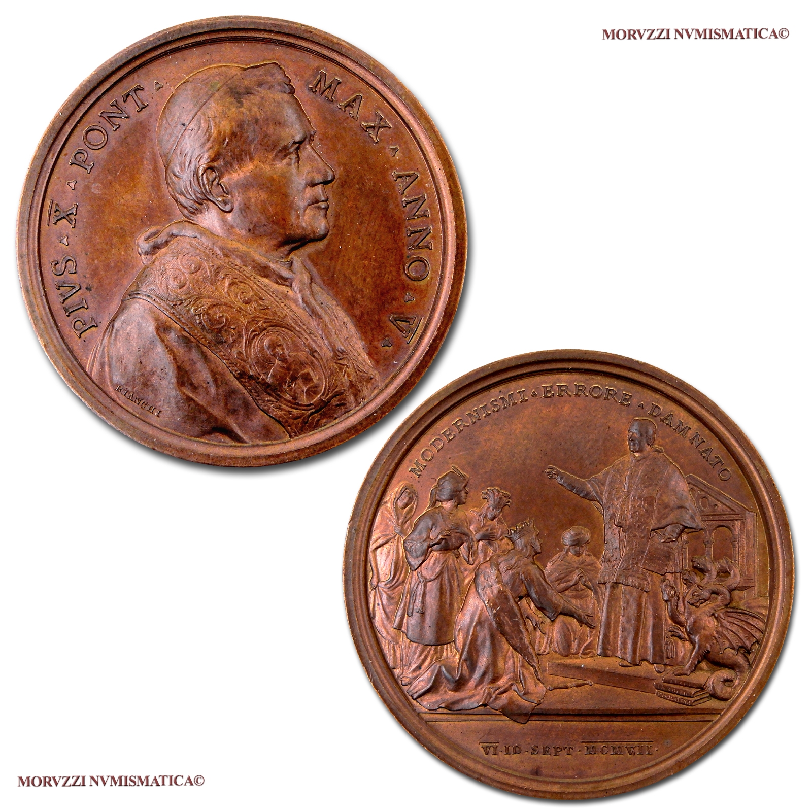 Stato Pontificio, PIO X, MEDAGLIA ANNUALE IN BRONZO, ANNO V (1908), Enciclica Pascendi Dominici Gregis, Opus Francesco Bianchi, FDC, (NC), (Bartolotti E908) / Pope Pius X Sarto BRONZE MEDALS (medaglie papali d'argento - medaglie pontificie annuali) | Moruzzi Numismatica