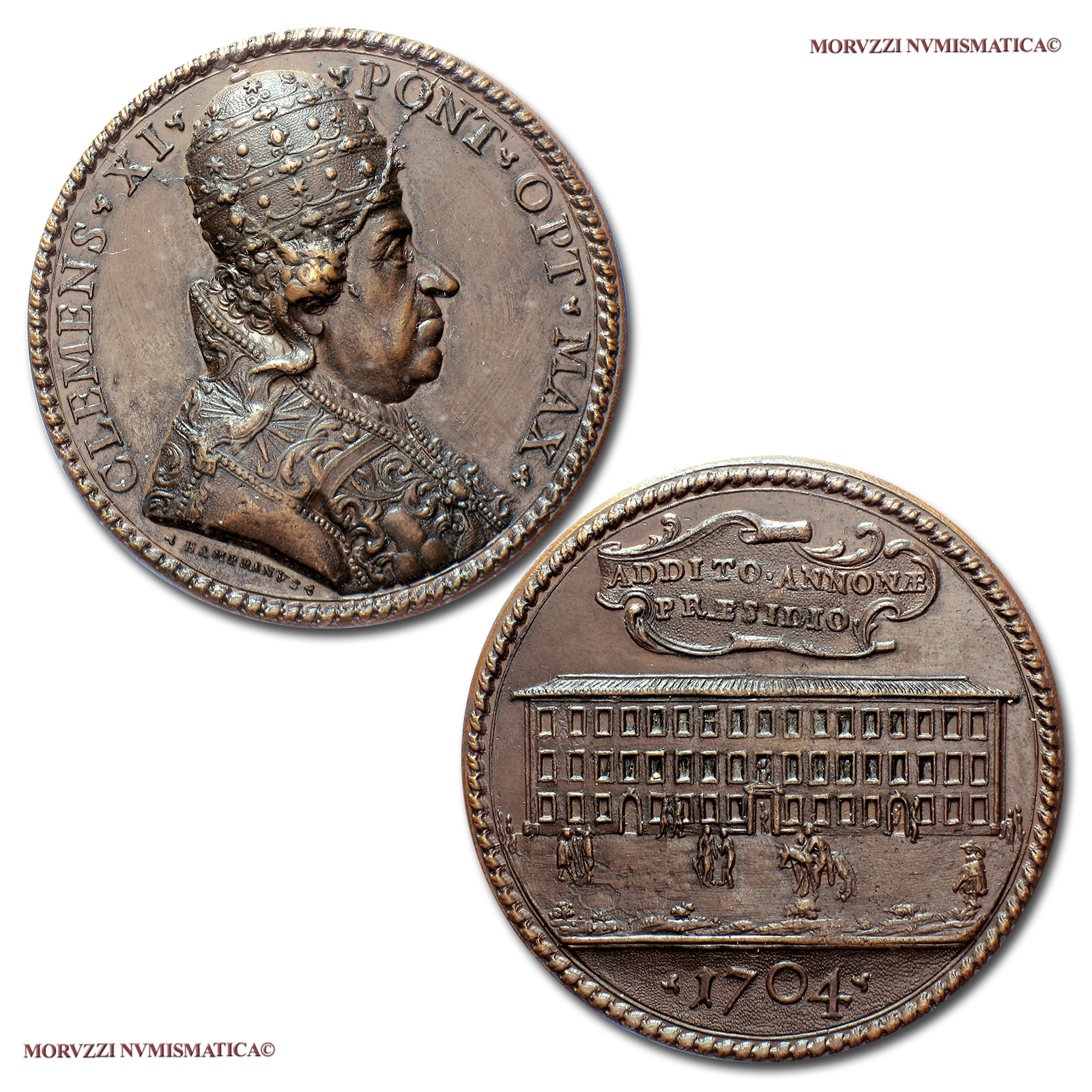 Stato Pontificio, CLEMENTE XI, MEDAGLIA STRAORDINARIA IN BRONZO, 1704, Posa della prima pietra del nuovo edificio dell'Annona, Opus Hamerani, qFDC, (Miselli 43) Pope Clemens XI BRONZE MEDAL (Papal medals - medaglie papali di bronzo - medaglie pontificie) | Moruzzi Numismatica