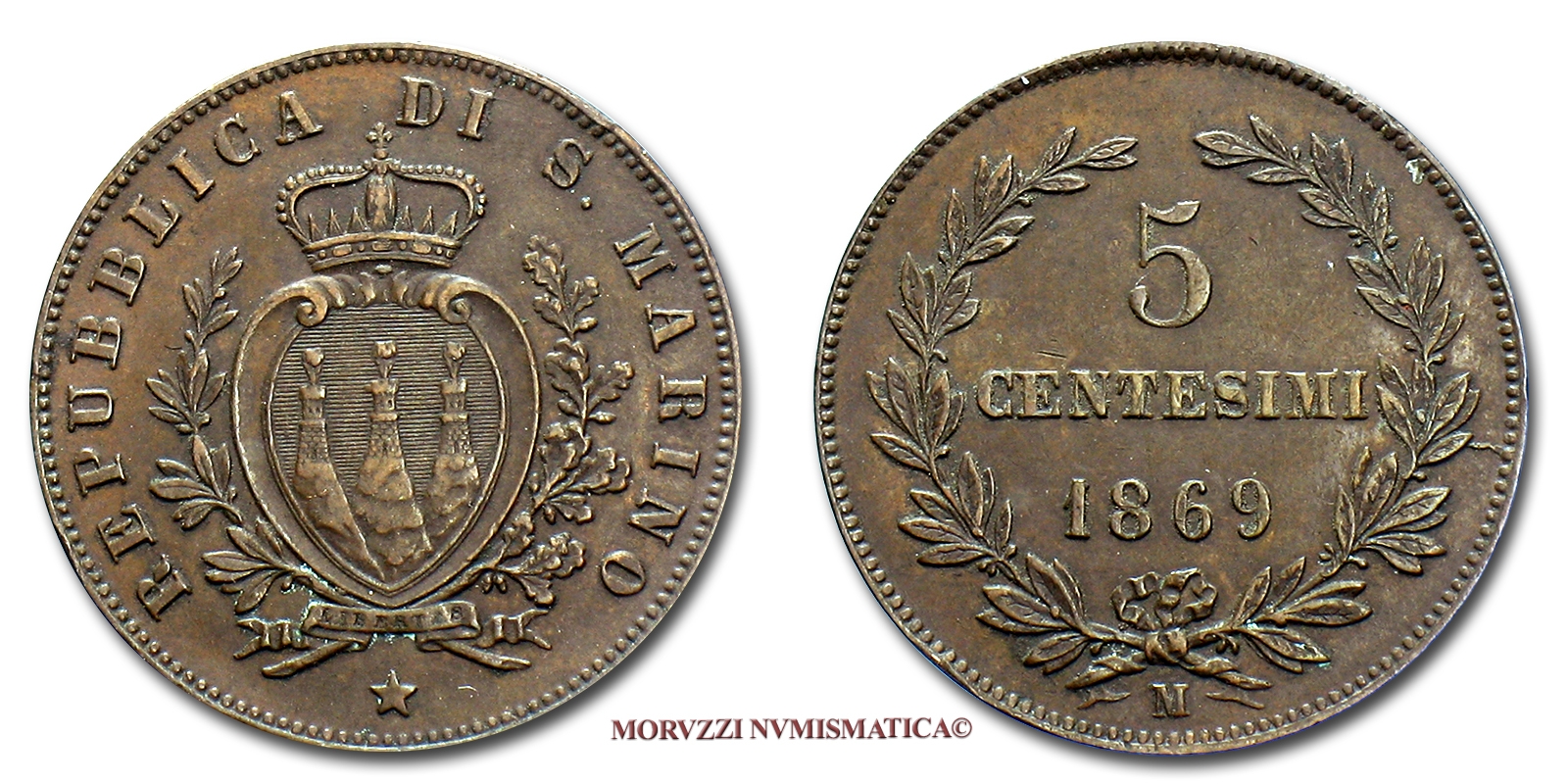 Repubblica di San Marino, VECCHIA MONETAZIONE, 5 CENTESIMI, 1869, zecca di Roma, RAME, mBB, (Pagani 378) / monete mondiali moderne - moneta da collezione (WORLD SILVER COINS) | Moruzzi Numismatica