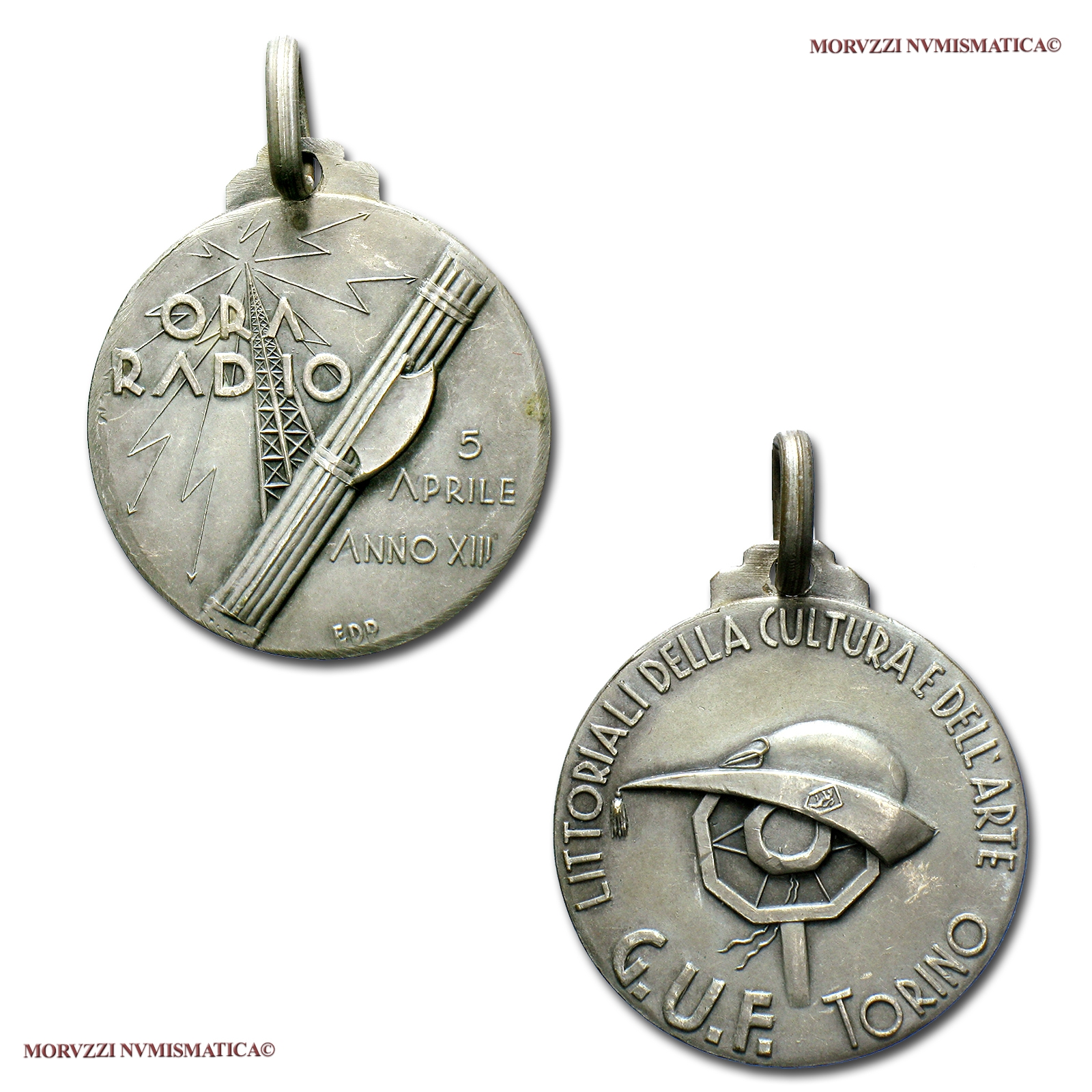 Italia, Gruppi Universitari Fascisti (G.U.F.) DI TORINO, MEDAGLIA IN METALLO BIANCO, 1935 ANNO XIII, ORA RADIO / LITTORIALI DELLA CULTURA E DELL'ARTE, Opus EDP, qFDC, (R) / medaglie italiane rare del Ventennio Fascista (medaglie fasciste da collezione) | Moruzzi Numismatica