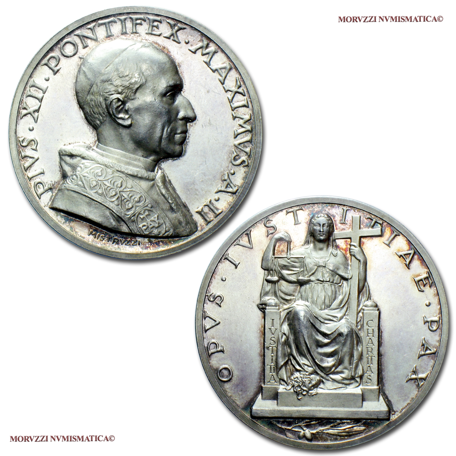 Città del Vaticano, PIO XII, MEDAGLIA ANNUALE IN ARGENTO, 1940 A II, Esortazione alla Pace (Opus iustitiae pax), Opus Aurelio Mistruzzi, FDC, (Bartolotti E940) Pius XII Pacelli SILVER MEDAL (Papal medals - medaglie papali d'argento - medaglie pontificie) | Moruzzi Numismatica