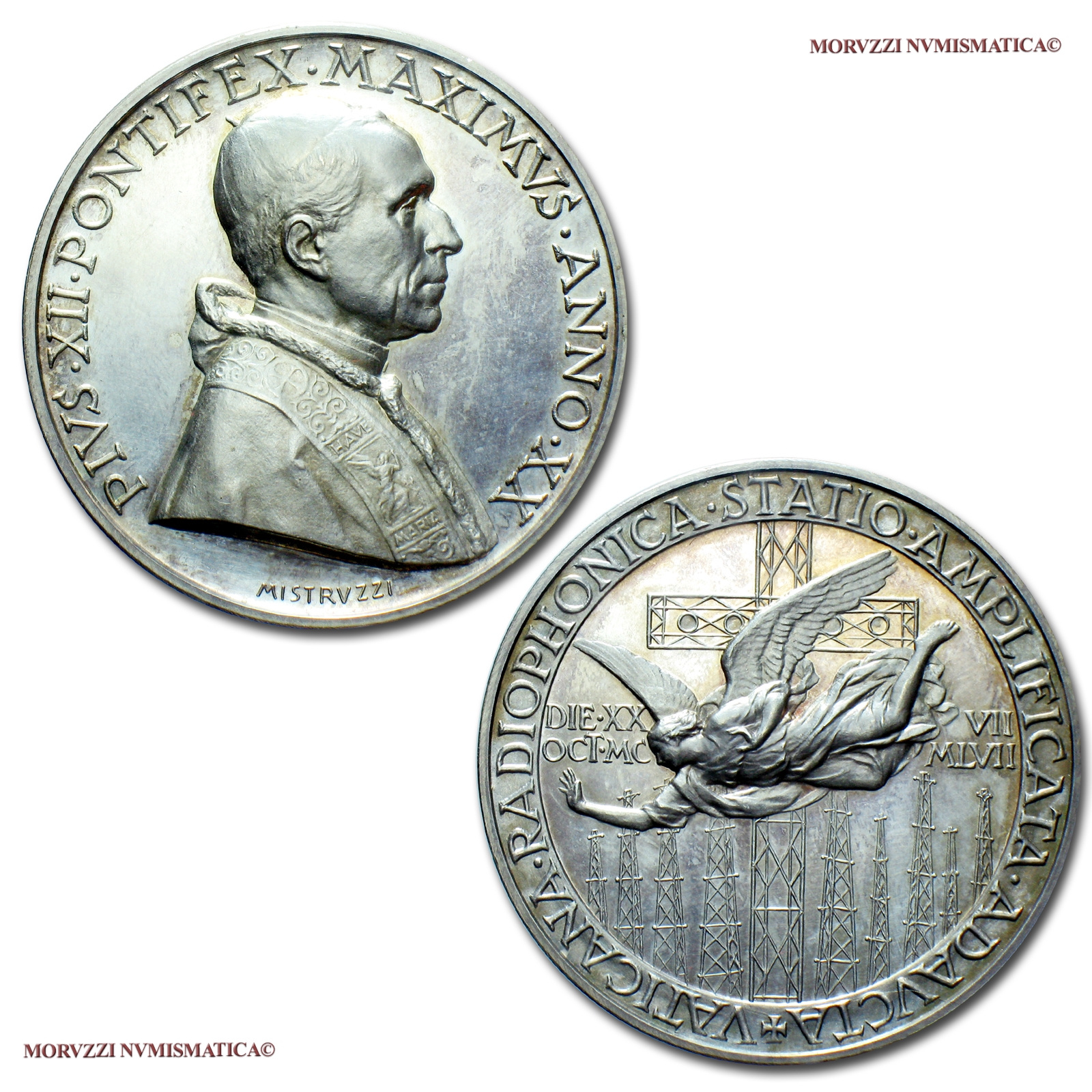 Città del Vaticano, PIO XII, MEDAGLIA ANNUALE IN ARGENTO, 1958 ANNO XX, Ampliamento della stazione Radio Vaticana, Opus Aurelio Mistruzzi, qFDC, (Bartolotti E958) / Pius XII SILVER MEDAL (Papal medals - medaglie papali d'argento - medaglie pontificie) | Moruzzi Numismatica