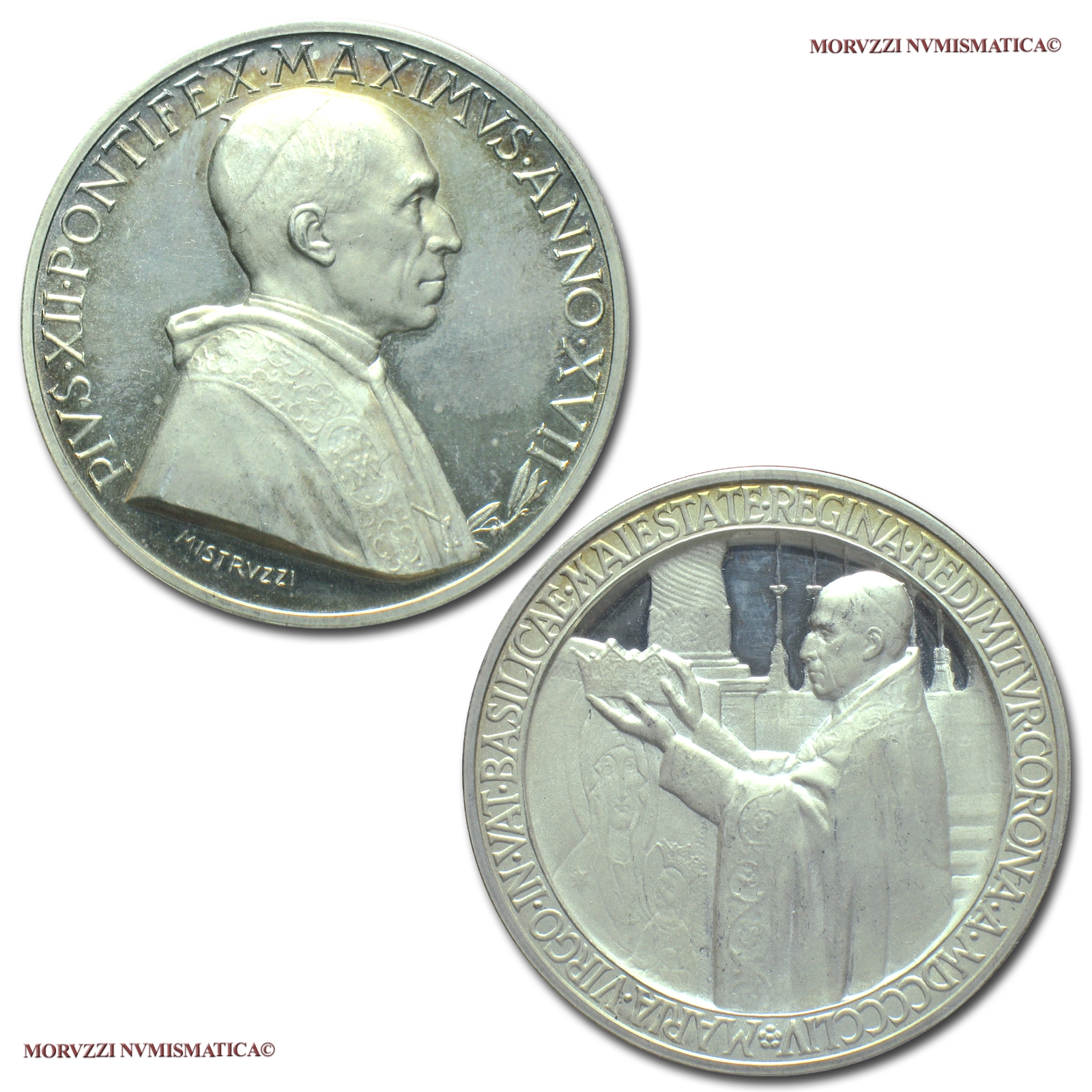 Città del Vaticano, PIO XII, MEDAGLIA ANNUALE IN ARGENTO, 1955 ANNO XVII, Chiusura dell'Anno Mariano (Salus Populi Romani), Opus Aurelio Mistruzzi, FDC, (Bartolotti E955) / Pius XII Pacelli SILVER MEDALS (medaglie papali d'argento - medaglie pontificie) | Moruzzi Numismatica