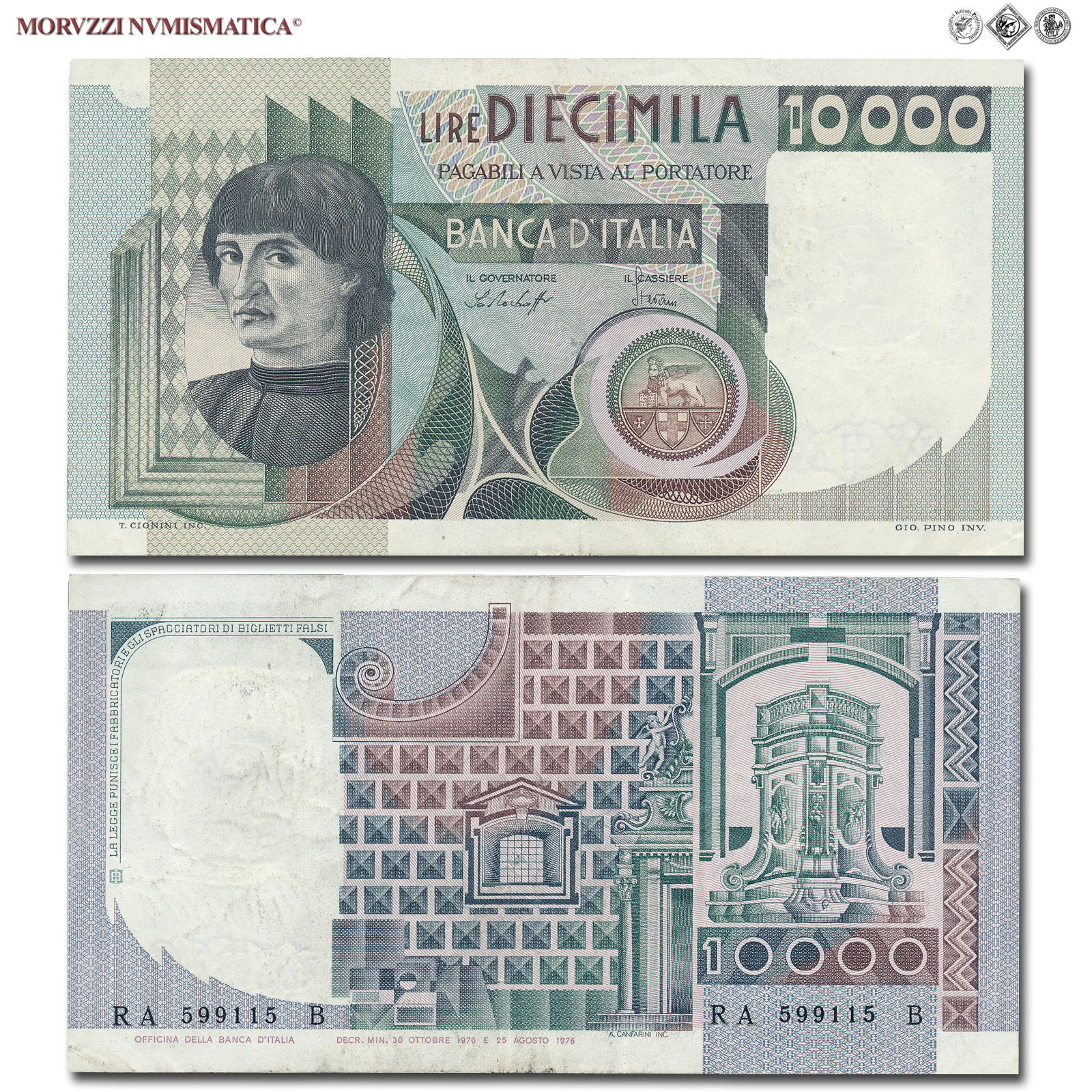 Repubblica Italiana, BANCA D'ITALIA, 10000 LIRE, 30.10.1976, Busto d'uomo del Castagno - Machiavelli, Firme: Baffi, Stevani, qSPL, (Crapanzano 580) / banconote italiane (cartamoneta italiana da collezione - banconota da 10.000 lire) | Moruzzi Numismatica