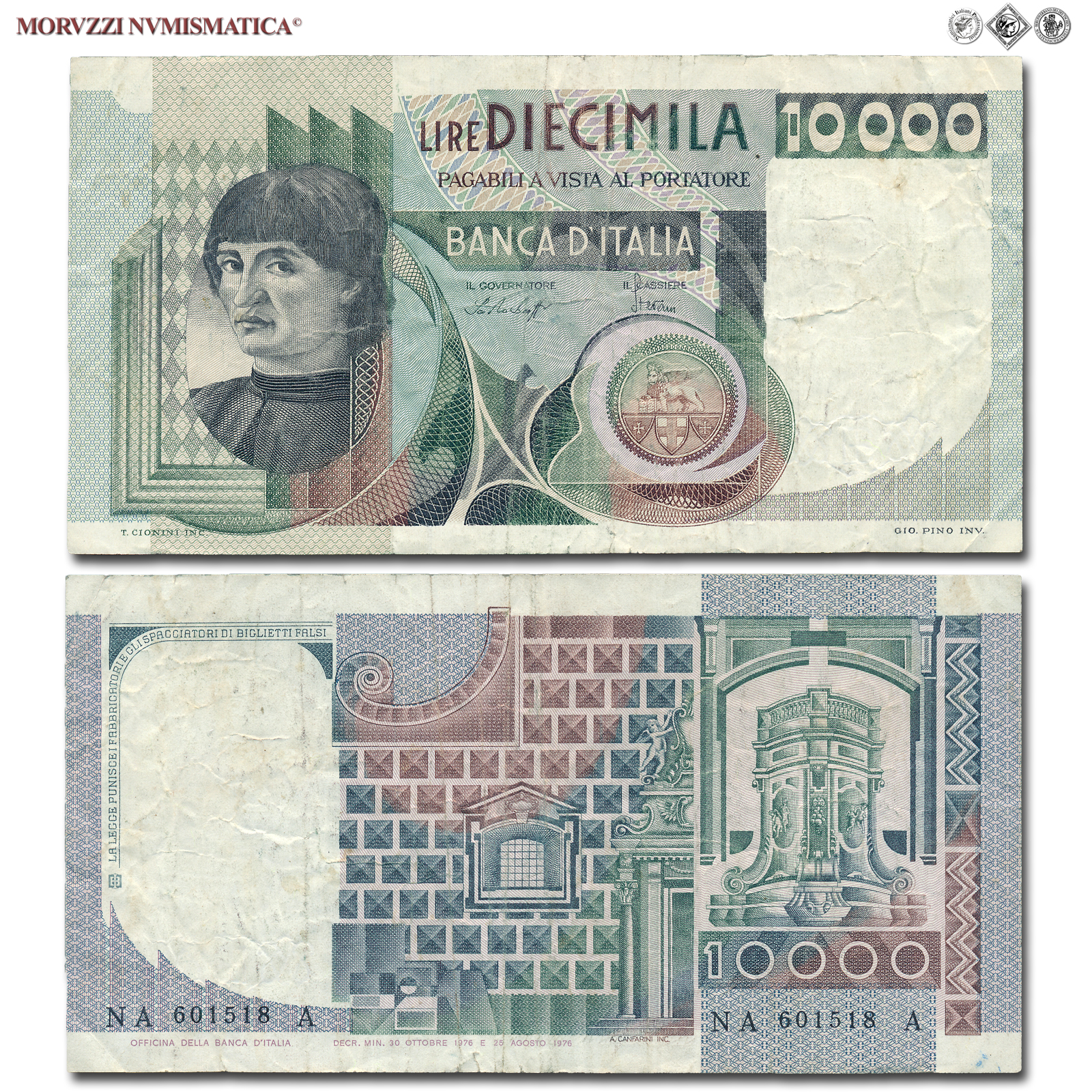 Repubblica Italiana, BANCA D'ITALIA, 10000 LIRE, 30.10.1976, Busto d'uomo del Castagno - Machiavelli, Firme: Baffi, Stevani, BB, (Crapanzano 580) / banconote italiane (cartamoneta italiana da collezione - banconota da 10.000 lire) | Moruzzi Numismatica