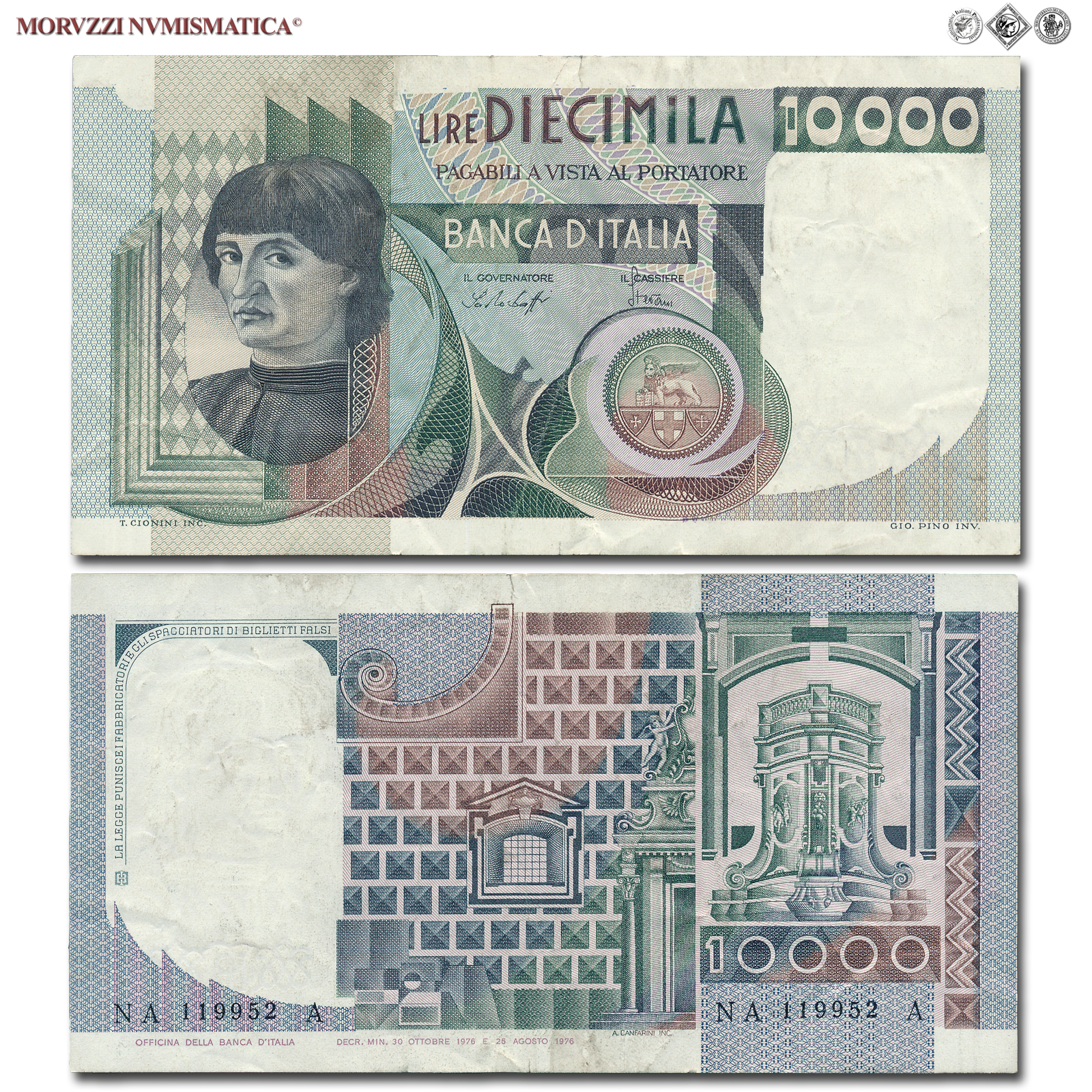 Repubblica Italiana, BANCA D'ITALIA, 10000 LIRE, 30.10.1976, Busto d'uomo del Castagno - Machiavelli, Firme: Baffi, Stevani, mBB, (Crapanzano 580) / banconote italiane (cartamoneta italiana da collezione - banconota da 10.000 lire) | Moruzzi Numismatica