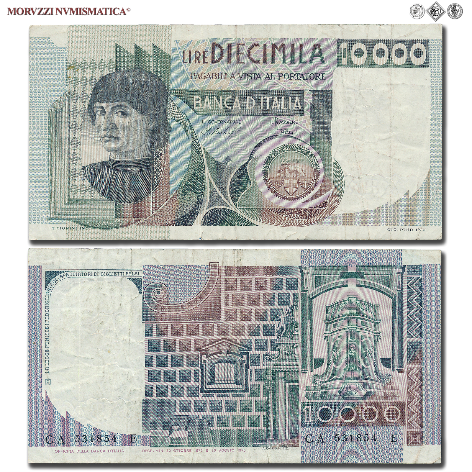 Repubblica Italiana, BANCA D'ITALIA, 10000 LIRE, 30.10.1976, Busto d'uomo del Castagno - Machiavelli, Firme: Baffi, Stevani, BB, (Crapanzano 580) / banconote italiane (cartamoneta italiana da collezione - banconota da 10.000 lire) | Moruzzi Numismatica