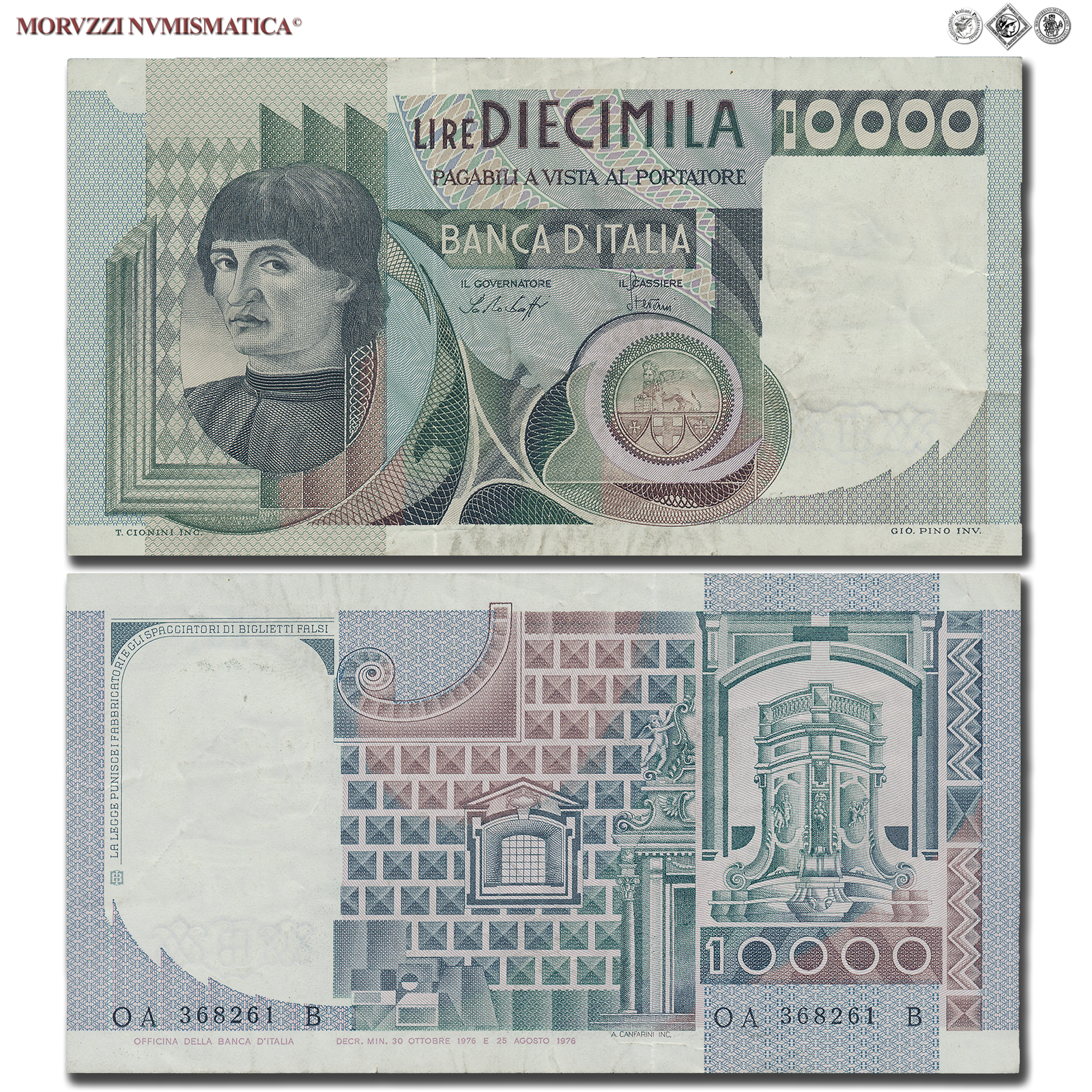 Repubblica Italiana, BANCA D'ITALIA, 10000 LIRE, 30.10.1976, Busto d'uomo del Castagno - Machiavelli, Firme: Baffi, Stevani, mBB, (Crapanzano 580) / banconote italiane (cartamoneta italiana da collezione - banconota da 10.000 lire) | Moruzzi Numismatica