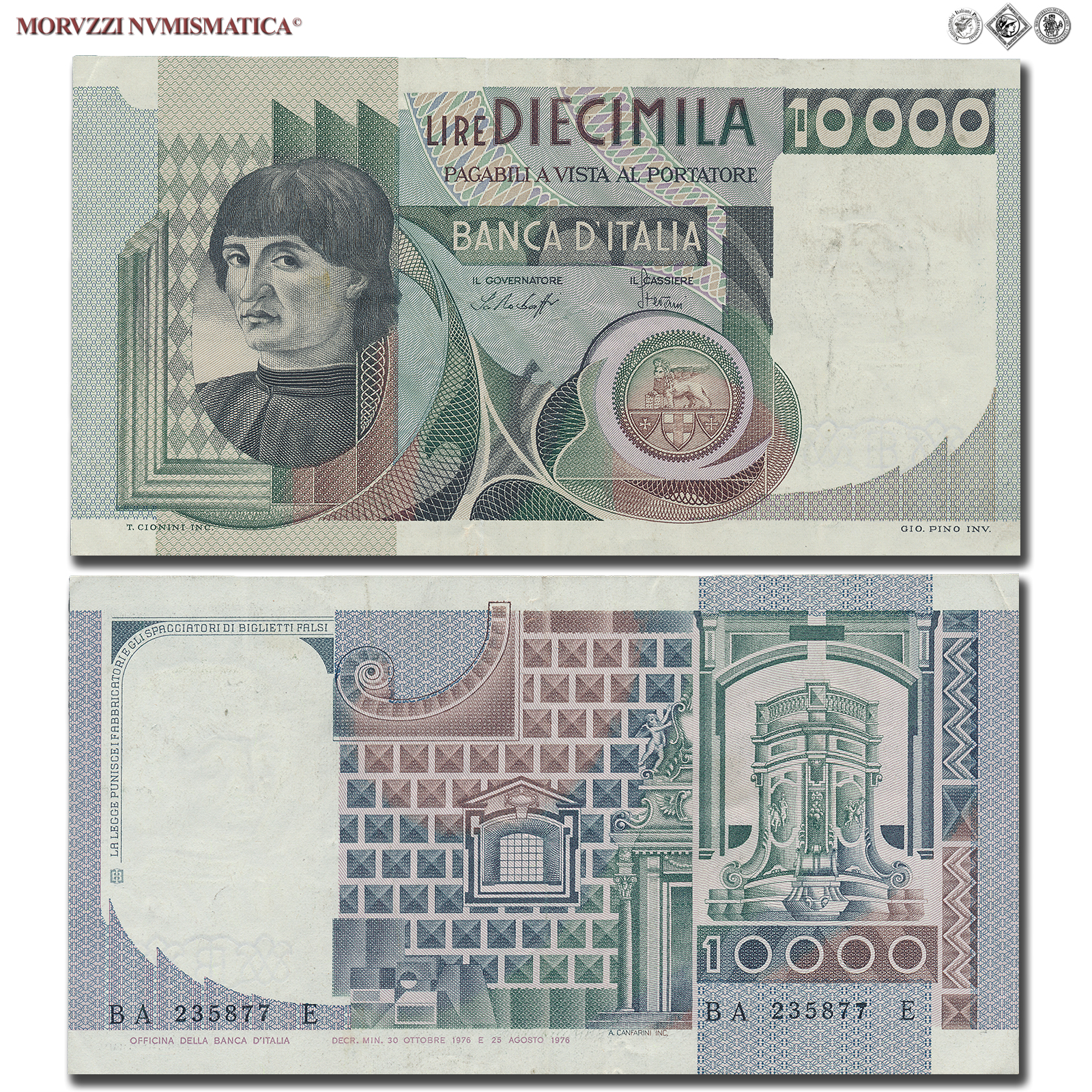 Repubblica Italiana, BANCA D'ITALIA, 10000 LIRE, 30.10.1976, Busto d'uomo del Castagno - Machiavelli, Firme: Baffi, Stevani, mBB, (Crapanzano 580) / banconote italiane (cartamoneta italiana da collezione - banconota da 10.000 lire) | Moruzzi Numismatica