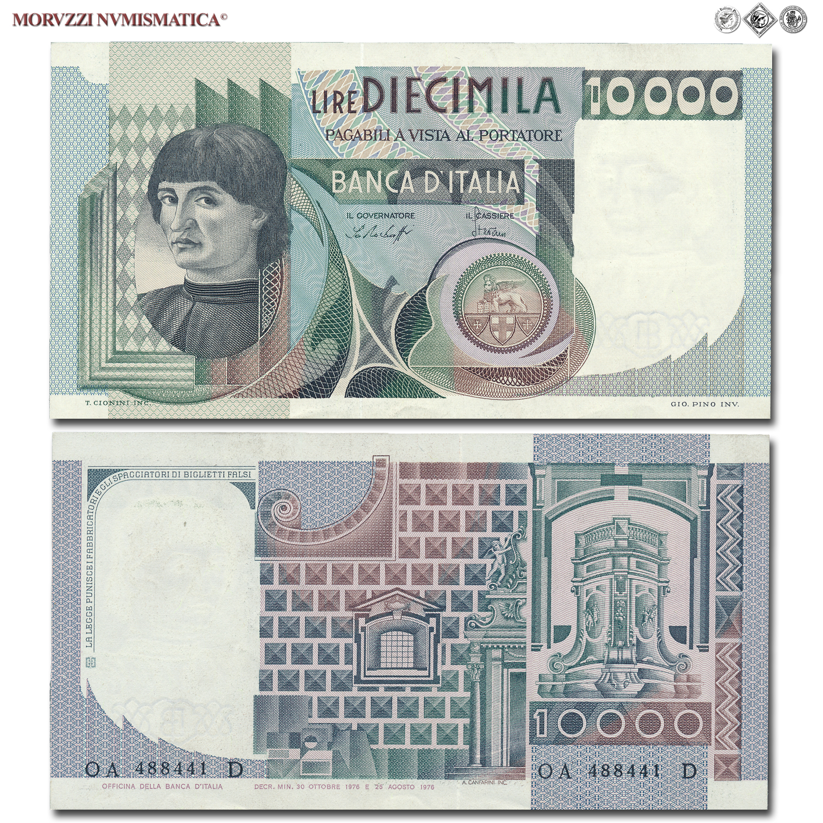 Repubblica Italiana, BANCA D'ITALIA, 10000 LIRE, 30.10.1976, Busto d'uomo del Castagno - Machiavelli, Firme: Baffi, Stevani, qFDS, (Crapanzano 580) / banconote italiane (cartamoneta italiana da collezione - banconota da 10.000 lire) | Moruzzi Numismatica