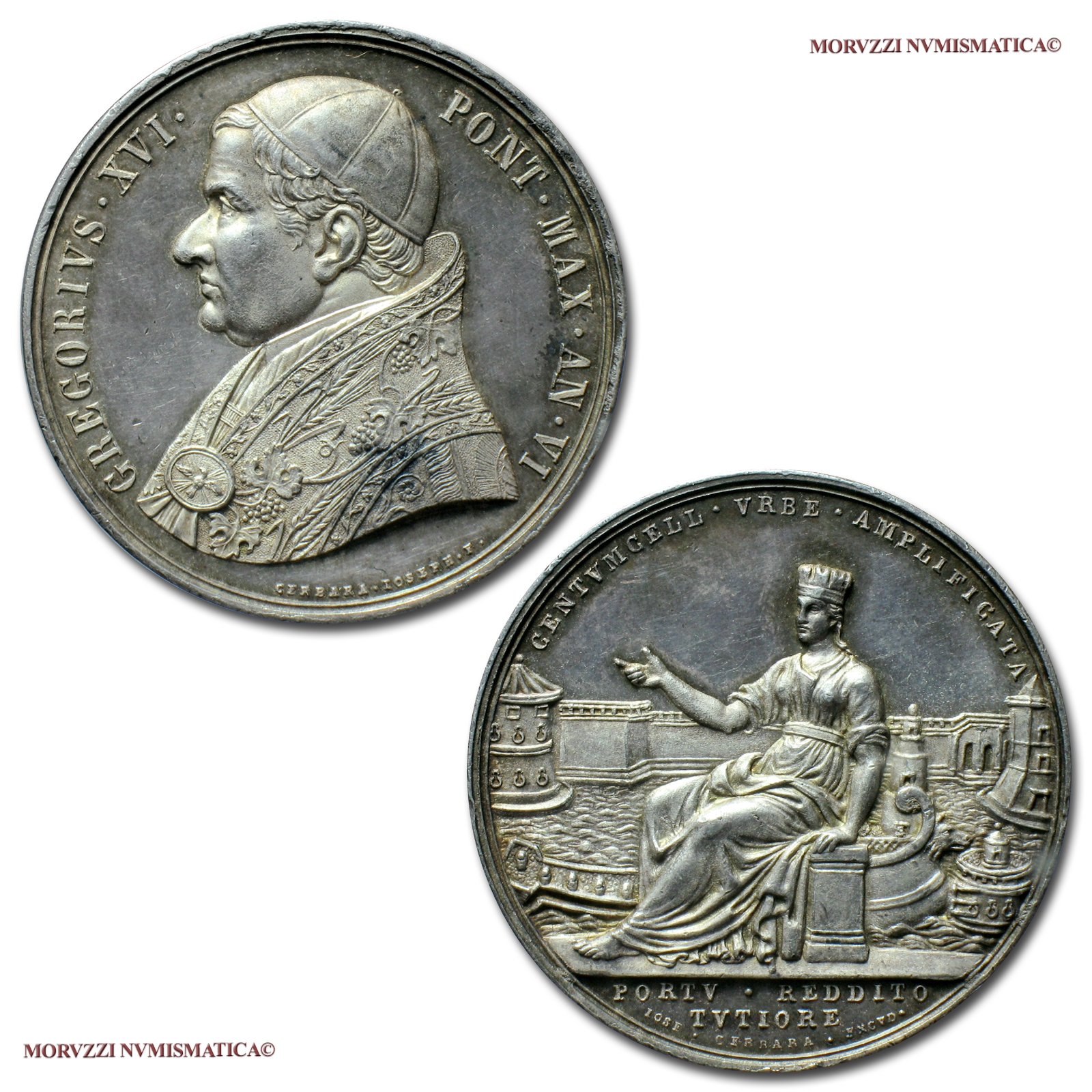 Stato Pontificio, GREGORIO XVI, MEDAGLIA ANNUALE IN ARGENTO, 1836 AN VI, Ampliamento del Porto di Civitavecchia, Opus Giuseppe Cerbara, qFDC, (R), (Bartolotti E836) / Pope Gregory XVI SILVER MEDALS (medaglie papali d'argento - medaglie pontificie rare) | Moruzzi Numismatica