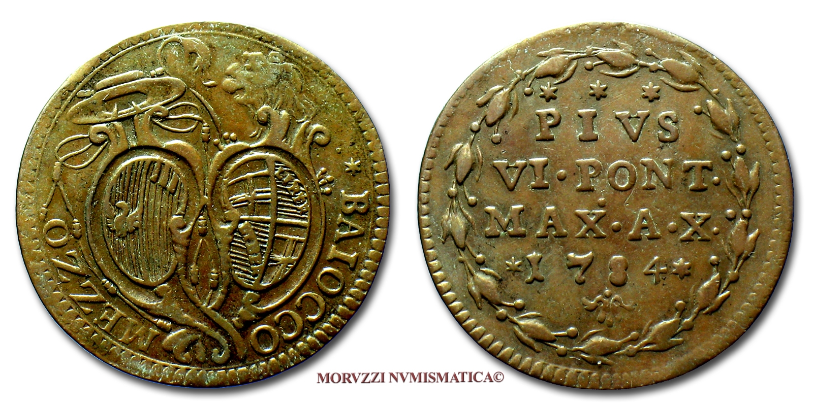 Stato Pontificio, PIO VI, 1/2 BAIOCCO, 1784 A X, zecca di Bologna, RAME, BB, (Muntoni 271 var.) / Pope Pius VI Braschi COPPER COINS (monete papali - monete pontificie - moneta papale - MEZZO BAJOCCO) | Moruzzi Numismatica