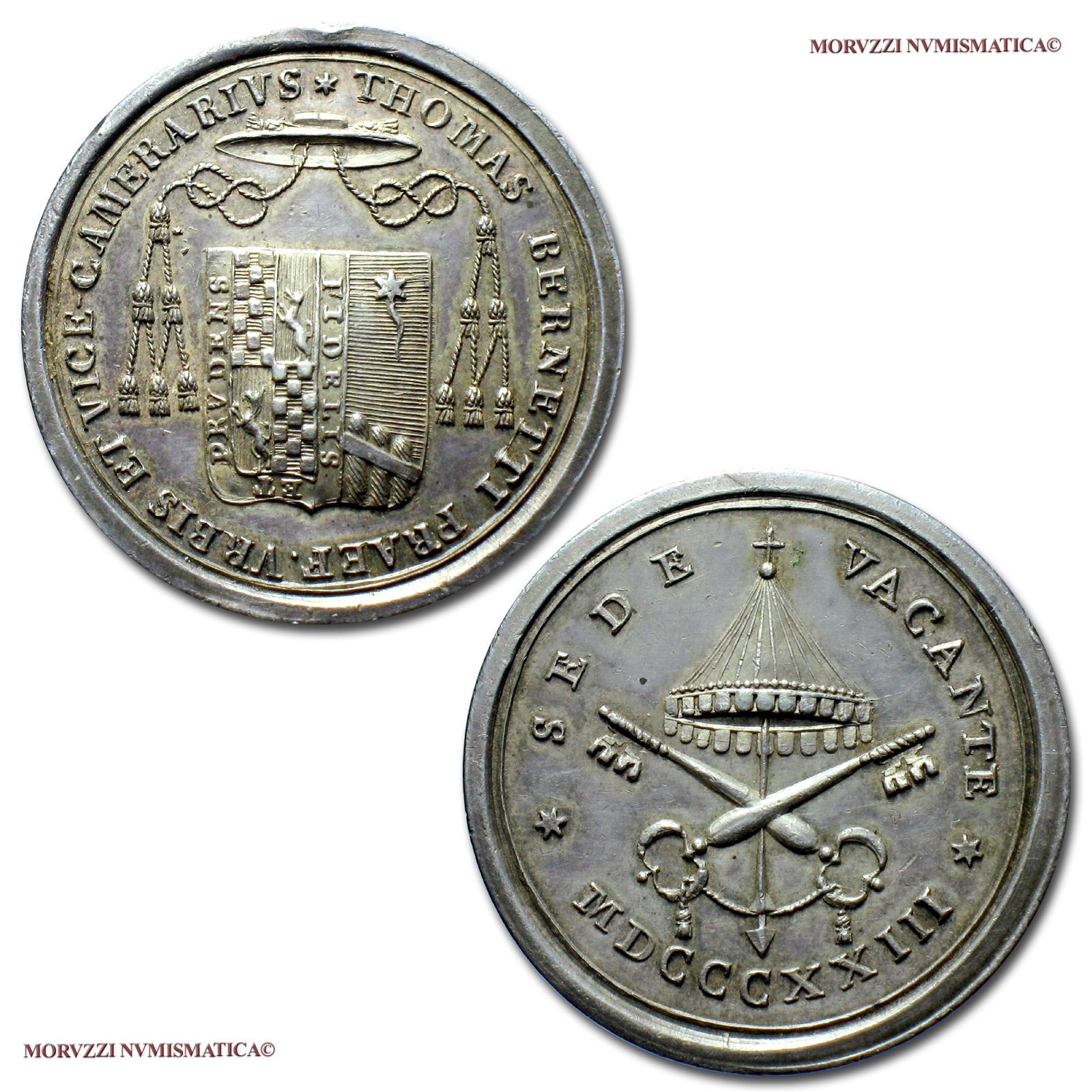 Stato Pontificio, SEDE VACANTE 1823, MEDAGLIA IN ARGENTO, Governatore di Roma e Vice Camerlengo del Conclave Monsignor Tommaso Bernetti, SPL, (RR), (Boccia 80) / VACANT SEES SILVER MEDALS (medaglie papali d'argento - medaglie pontificie rare) | Moruzzi Numismatica