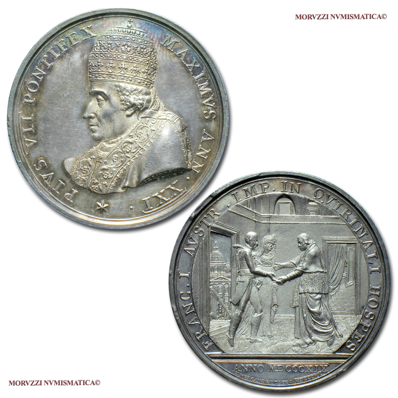 Stato Pontificio, PIO VII, MEDAGLIA ANNUALE IN ARGENTO, 1820 ANN XXI, Visita dell'Imperatore d'Austria, Opus Tommaso Mercandetti, FDC, (R), (Bartolotti E820) / Pope Pius VII Chiaramonti SILVER MEDALS (medaglie papali rare d'argento - medaglie pontificie) | Moruzzi Numismatica