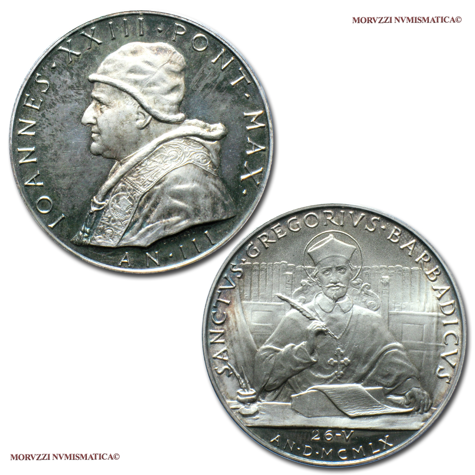 Città del Vaticano, GIOVANNI XXIII, MEDAGLIA ANNUALE IN ARGENTO, 1961 AN III, Canonizzazione di Gregorio Barbadico, Opus Pietro Giampaoli, FDC, (Bartolotti E961) / Pope John XXIII Roncalli SILVER MEDALS (medaglie papali d'argento - medaglie pontificie) | Moruzzi Numismatica