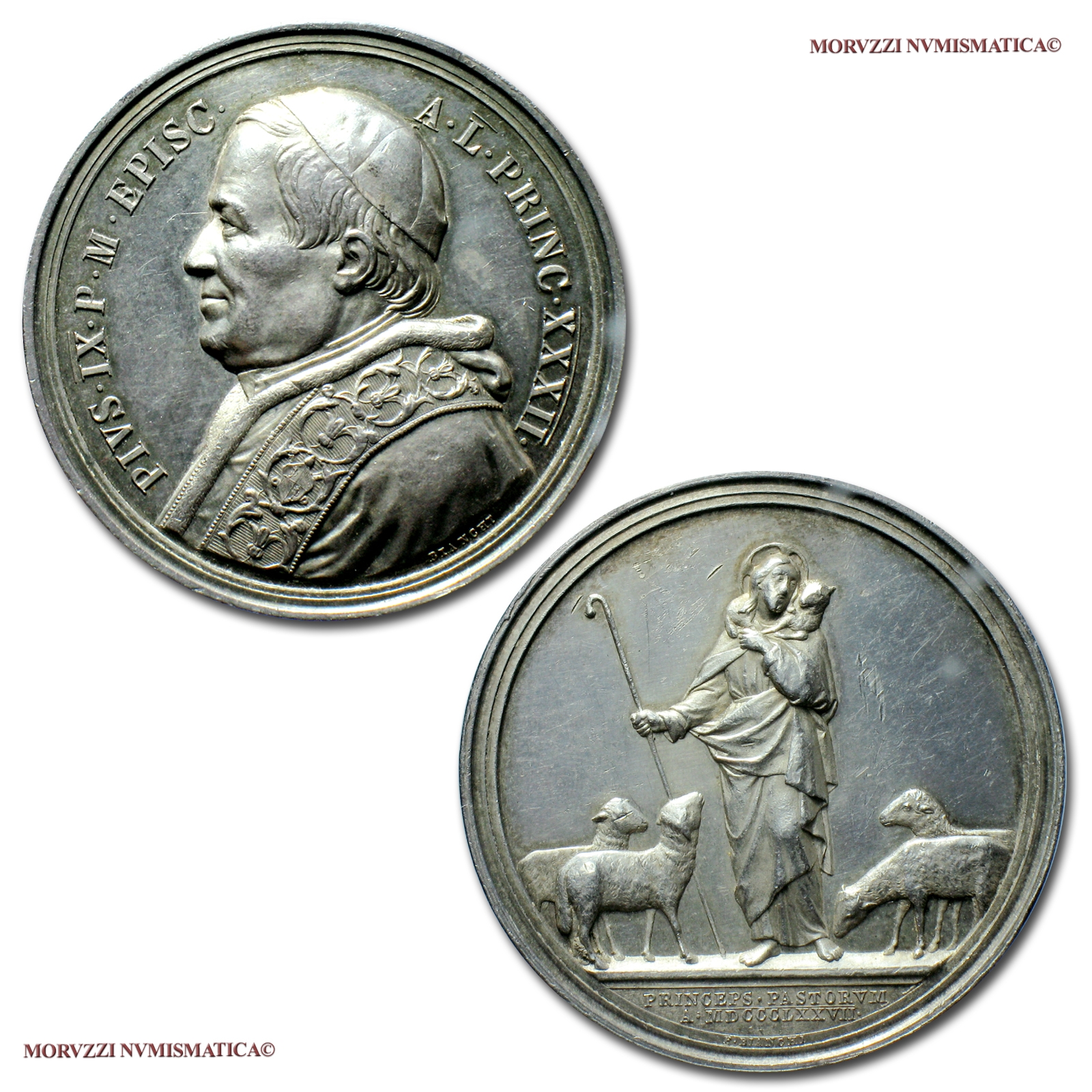 Stato Pontificio, PIO IX, MEDAGLIA ANNUALE IN ARGENTO, 1877 XXXII, 50° anno di episcopato del pontefice, Opus Ignazio Bianchi, SPL, (NC), (Bartolotti E877) / Pius IX Mastai Ferretti SILVER MEDALS (medaglie papali d'argento - medaglie pontificie annuali) | Moruzzi Numismatica