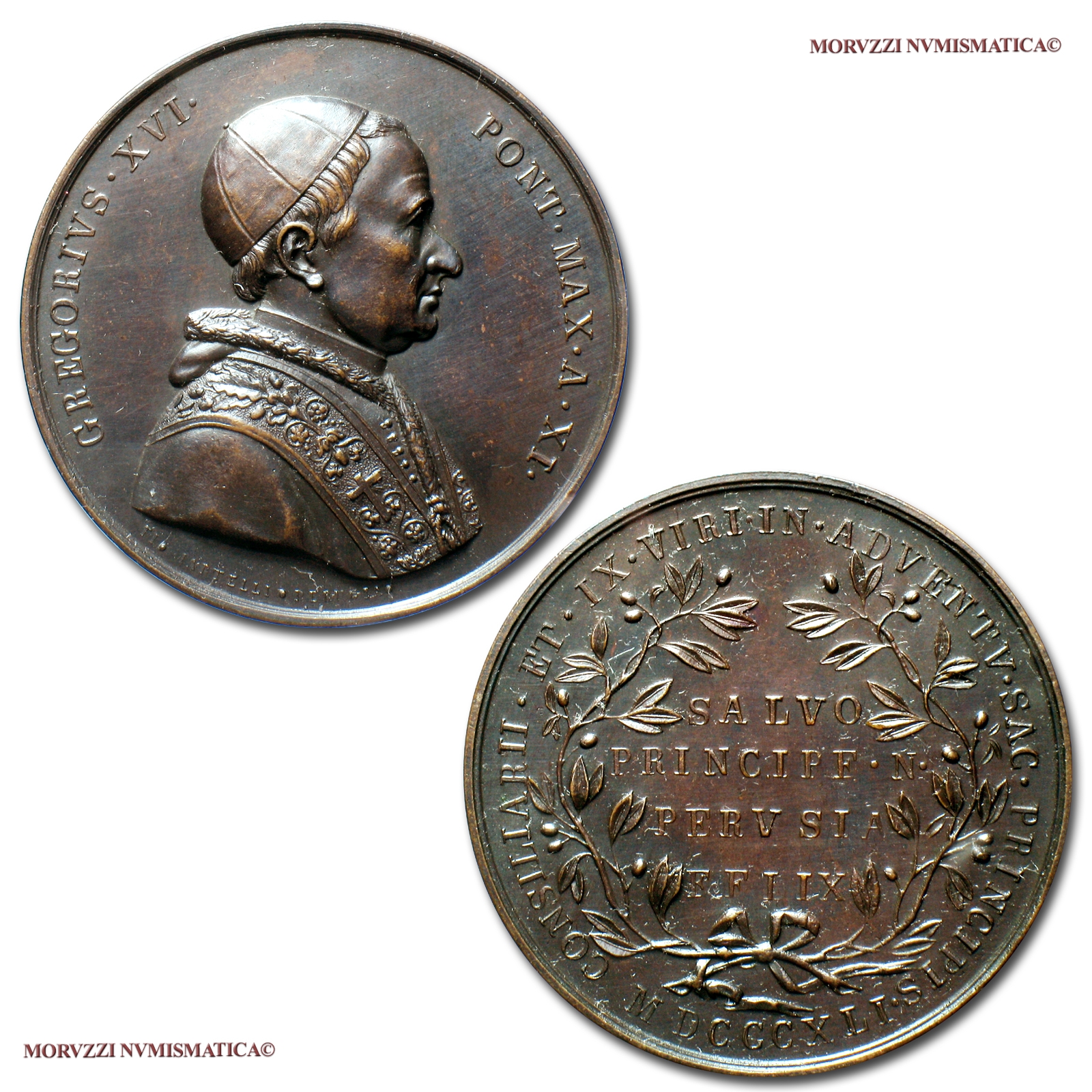 Stato Pontificio, GREGORIO XVI, MEDAGLIA STRAORDINARIA IN BRONZO, 1841 A XI, Visita del Papa a Perugia, Opus Filippo Martelli, FDC, (R), (Boccia 137) / Pope Gregory XVI Cappellari BRONZE MEDALS (medaglie papali rare - medaglie pontificie straordinarie) | Moruzzi Numismatica
