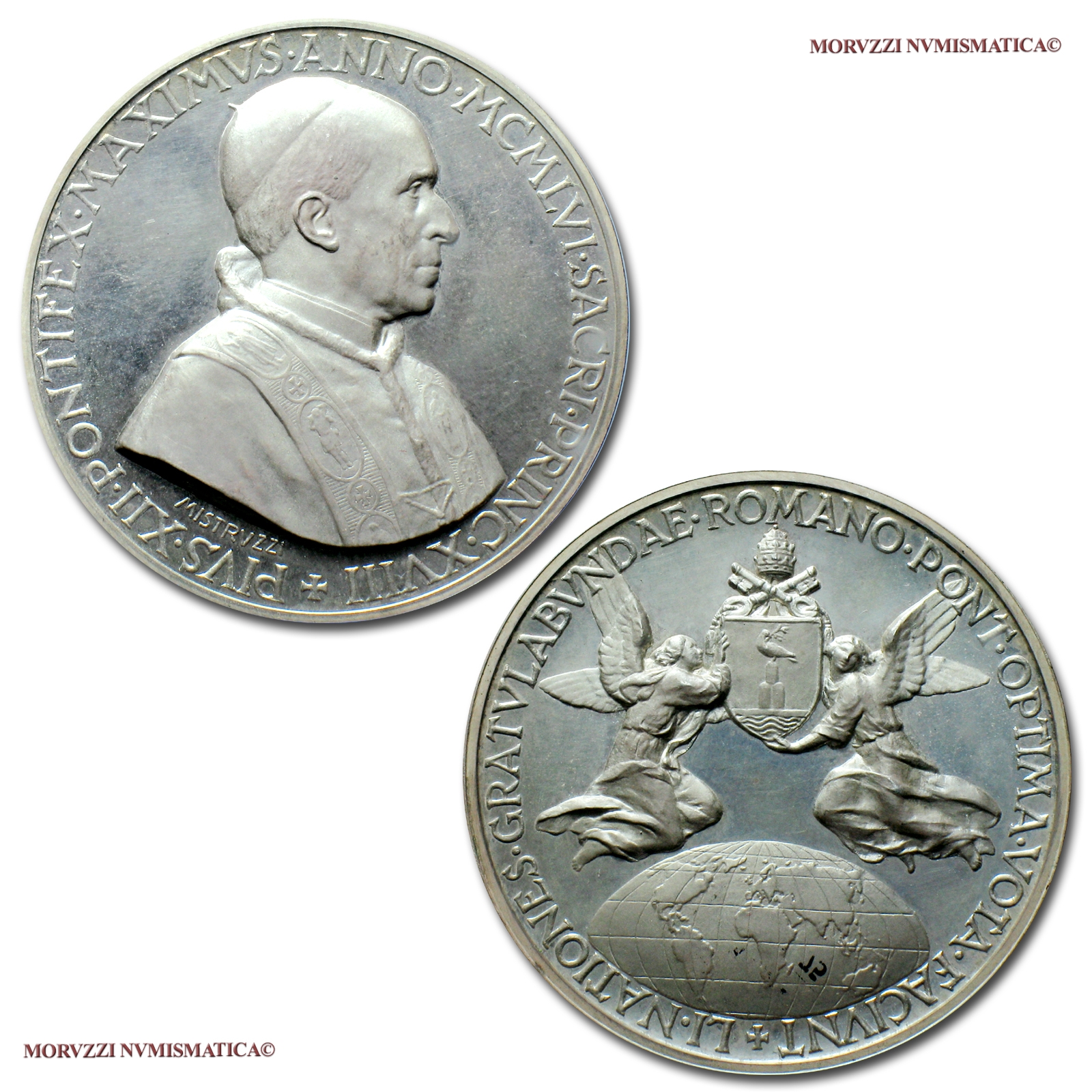 Città del Vaticano, PIO XII, MEDAGLIA STRAORDINARIA IN ARGENTO, 1956, Omaggio del mondo al Pontificato, Opus Aurelio Mistruzzi, FDC, (NC), (Cusumano-Modesti 251) / Pope Pius XII Pacelli SILVER MEDALS (medaglie papali d'argento - medaglie pontificie rare) | Moruzzi Numismatica