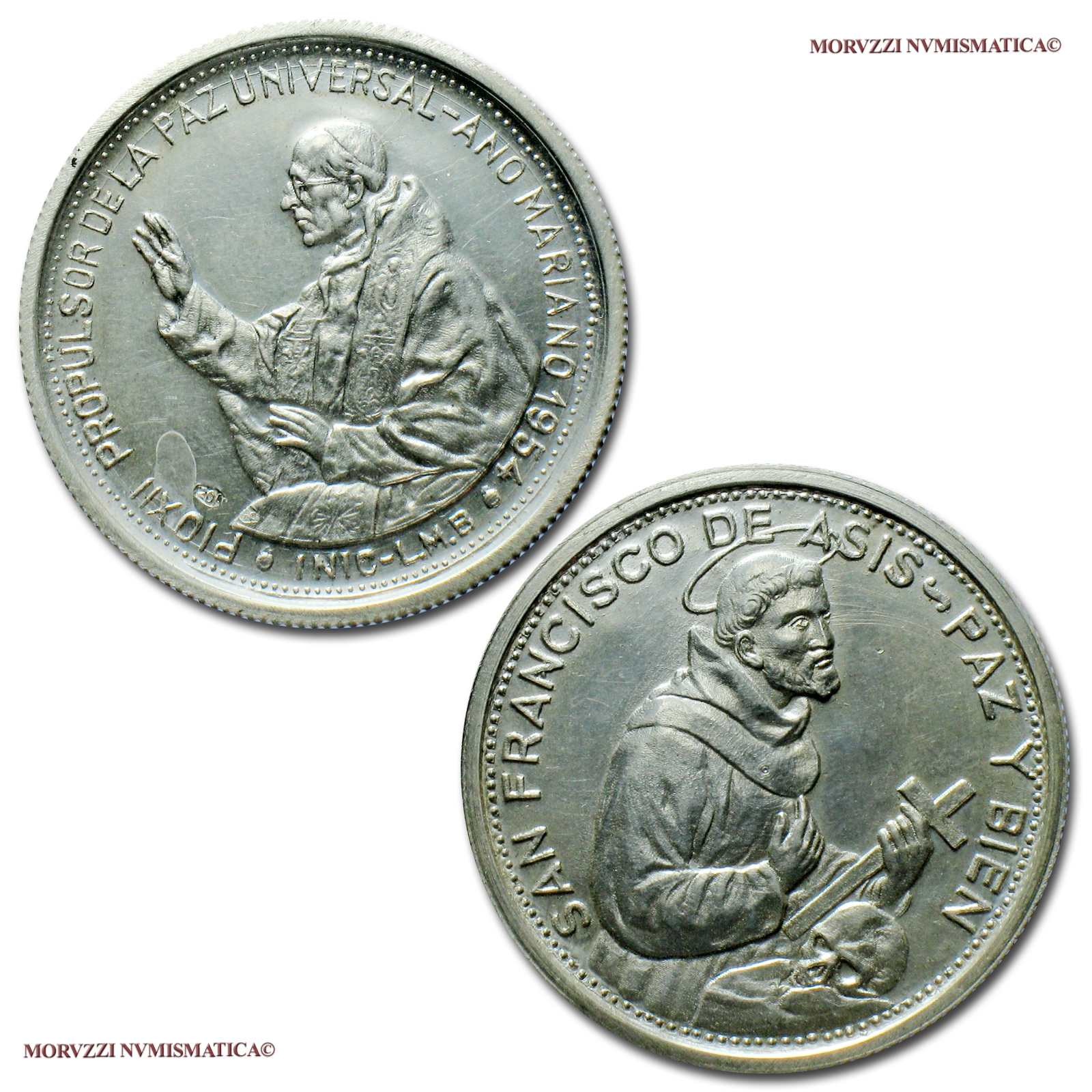 Città del Vaticano, PIO XII, MEDAGLIA STRAORDINARIA IN ARGENTO, 1954, Anno Mariano (San Francesco d'Assisi), FDC, (RRR), (Cusumano-Modesti cfr. 212-213) / Pope Pius XII Pacelli SILVER MEDALS (medaglie papali d'argento - medaglie pontificie rare) | Moruzzi Numismatica