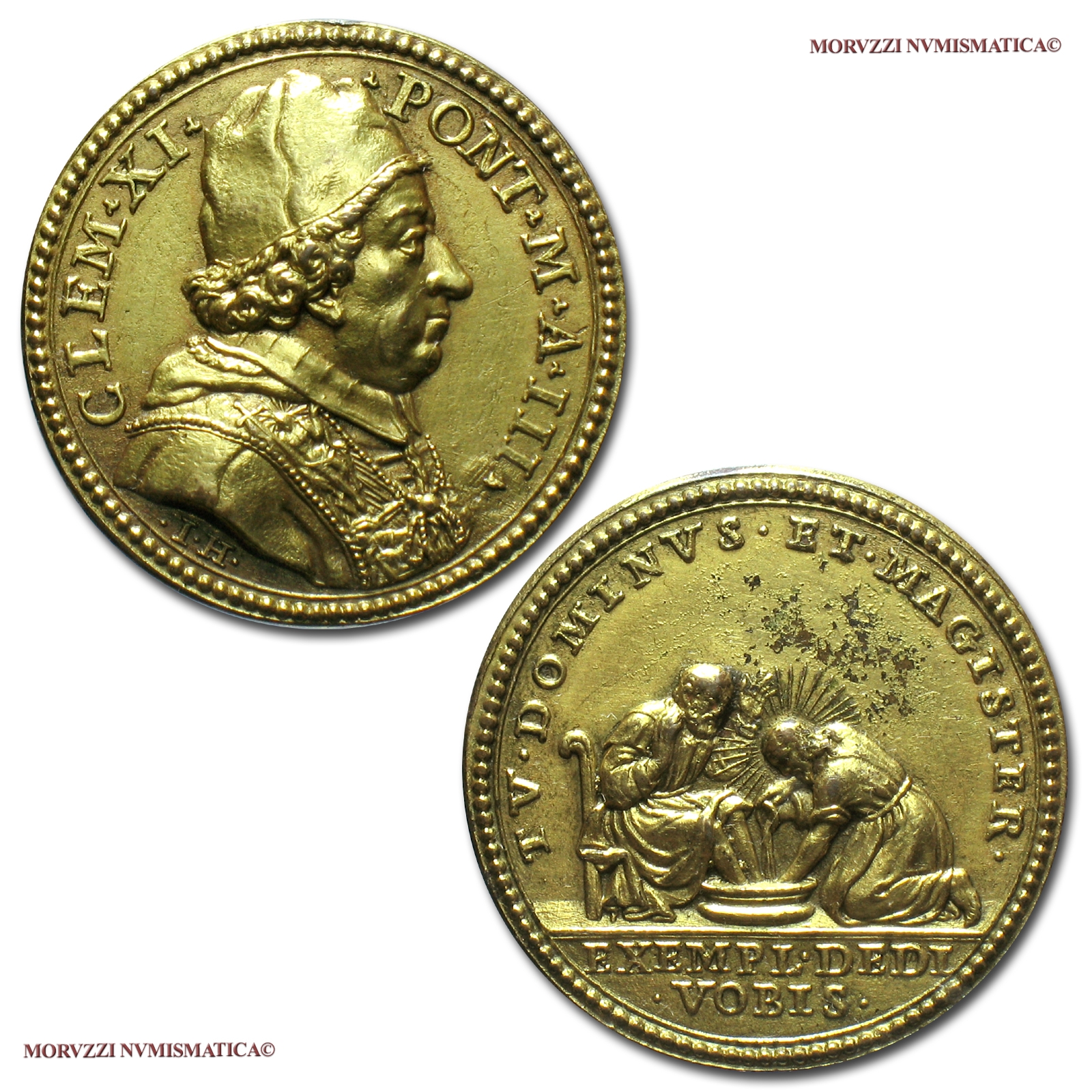 Stato Pontificio, CLEMENTE XI, MEDAGLIA ANNUALE IN BRONZO DORATO, A III (1703), Lavanda dei piedi del Giovedì Santo, Opus Giovanni Hamerani, SPL, (RRR), (Miselli 36) Pope Clemens XI Albani GILDED BRONZE MEDALS (medaglie papali rare - medaglie pontificie) | Moruzzi Numismatica