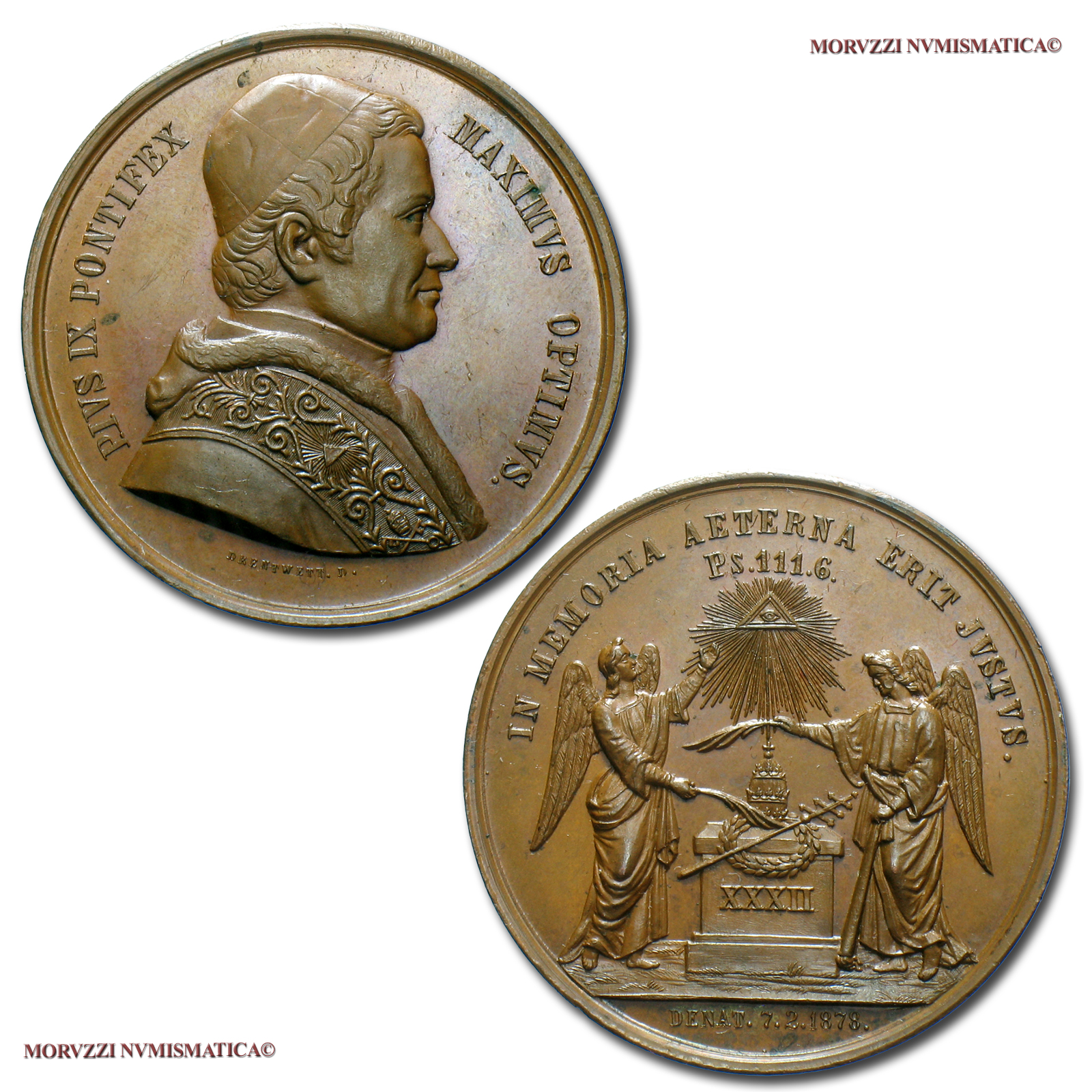 Stato Pontificio, PIO IX, MEDAGLIA POSTUMA IN BRONZO, 1878, A ricordo del Pontificato - IN MEMORIA AETERNA, Opus Drentwett - Augsburg (Augusta), FDC, (RR), (Bartolotti PM-6) / Pope Pius IX Mastai Ferretti POSTHUMOUS BRONZE MEDALS (medaglie papali rare) | Moruzzi Numismatica