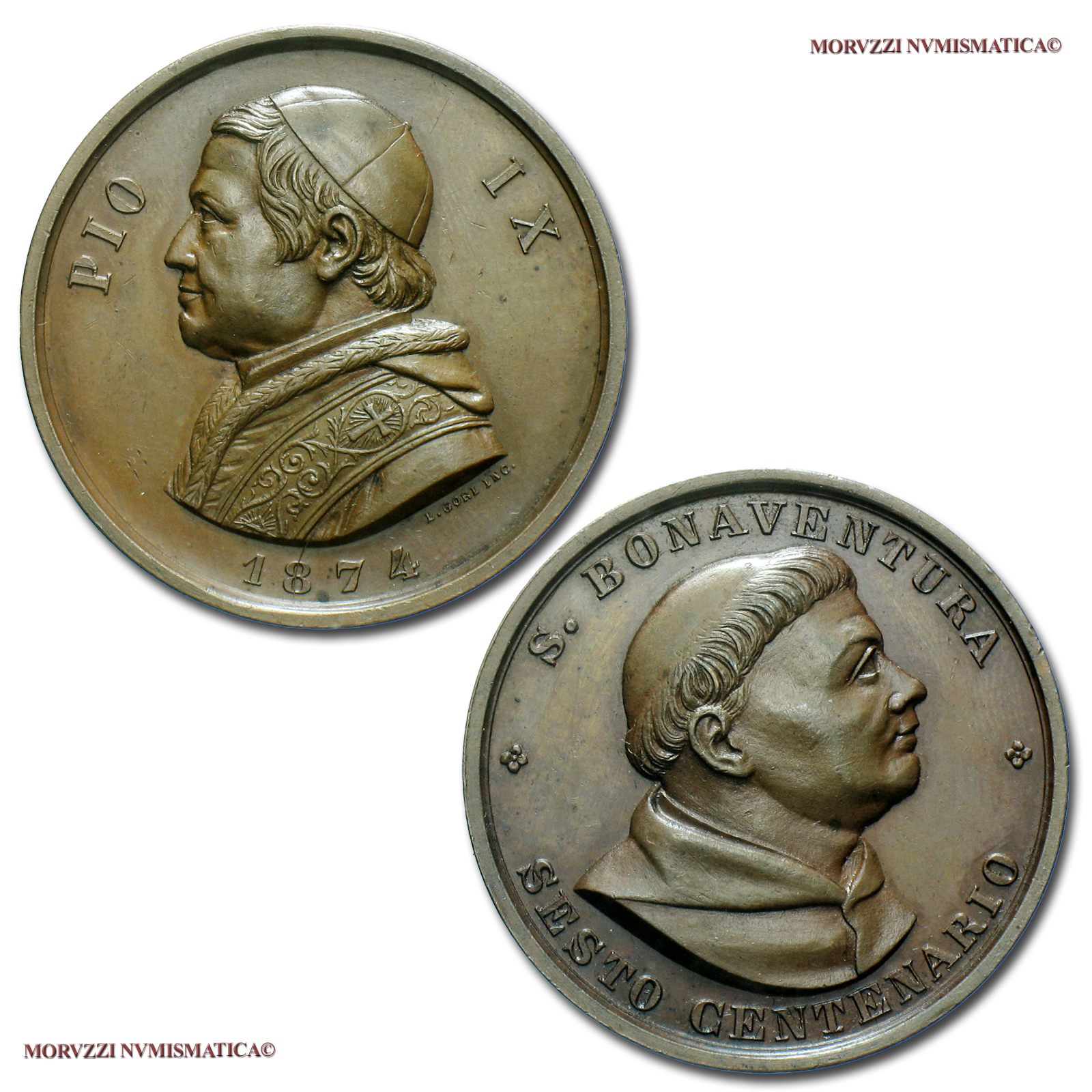 Stato Pontificio, PIO IX, MEDAGLIA IN BRONZO, 1874, VI centenario della morte di San Bonaventura, Opus Luigi Gori, qFDC, (R), (Bartolotti XXIX-4) / Pope Pius IX Mastai Ferretti BRONZE MEDALS (medaglie papali rare - medaglie pontificie da collezione) | Moruzzi Numismatica