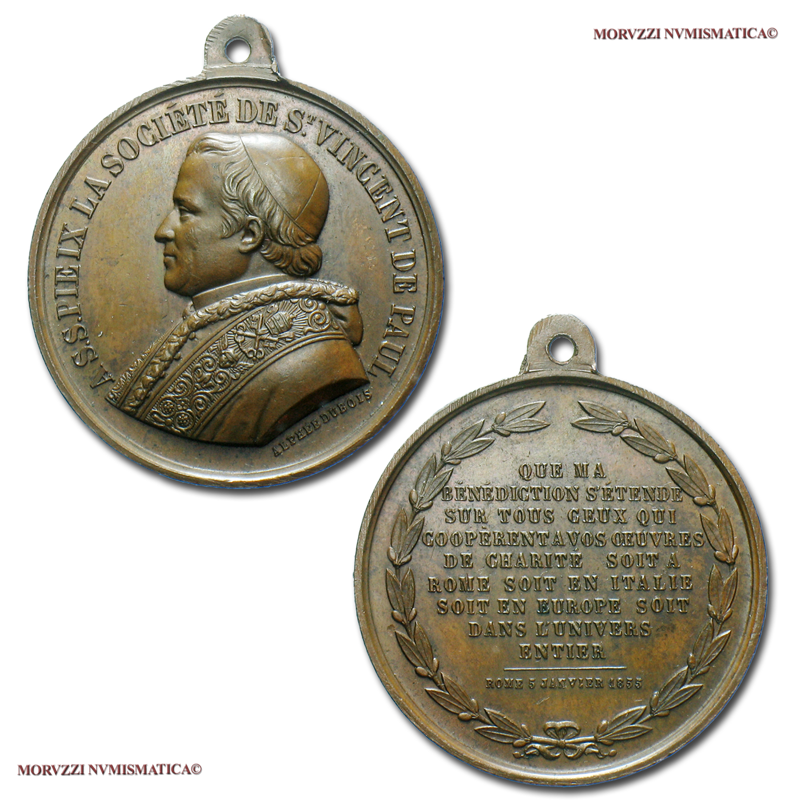 Stato Pontificio, PIO IX, MEDAGLIA STRAORDINARIA IN BRONZO, 1855, Società San Vincenzo de Paoli, Opus Dubois Alfee, FDC, (R), (Bartolotti IX-27) / Pope Pius IX Mastai Ferretti BRONZE MEDALS (medaglie papli rare - medaglie pontificie straordinarie) | Moruzzi Numismatica
