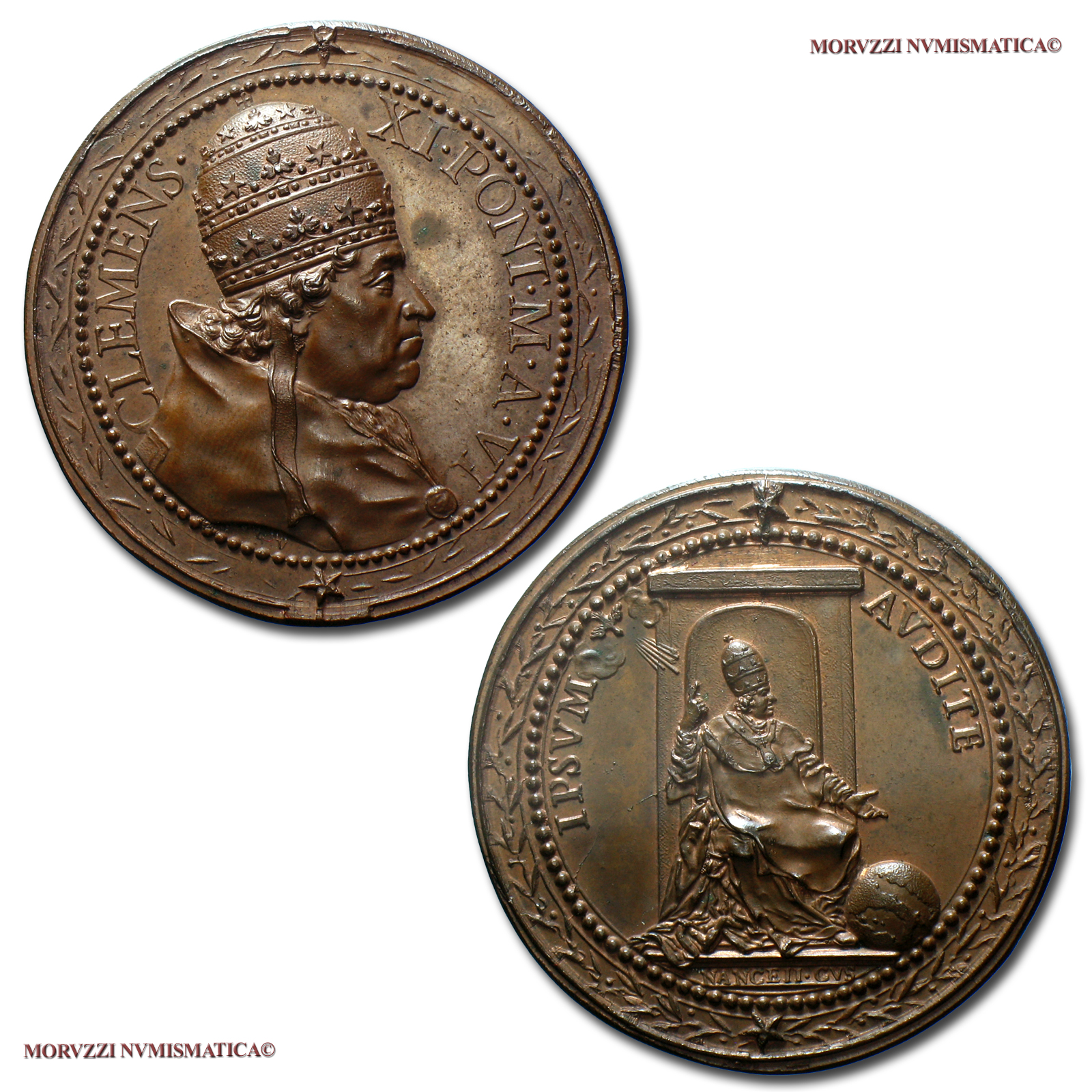 Stato Pontificio, CLEMENTE XI, MEDAGLIA STRAORDINARIA IN BRONZO (contorno floreale), 1706 A VI, Controversia con l'Austria, Opus Ferdinando De Saint-urbain, qFDC, (RR), (Miselli 57) / Clemens XI Albani BRONZE MEDALS (medaglie papali straordinarie rare) | Moruzzi Numismatica