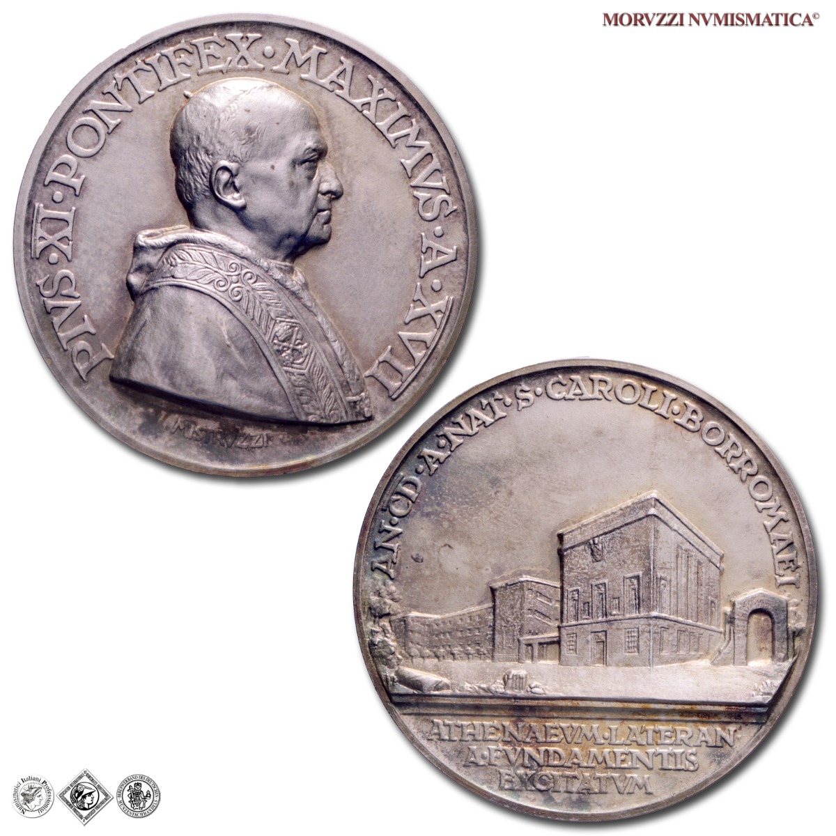 Città del Vaticano, PIO XI, Ratti, MEDAGLIA ANNUALE IN ARGENTO, 1938 A XVII, Il nuovo Ateneo Lateranense, Opus Aurelio Mistruzzi, FDC, (Bartolotti E938) / medaglie papali pontificie annuali d'argento | Moruzzi Numismatica