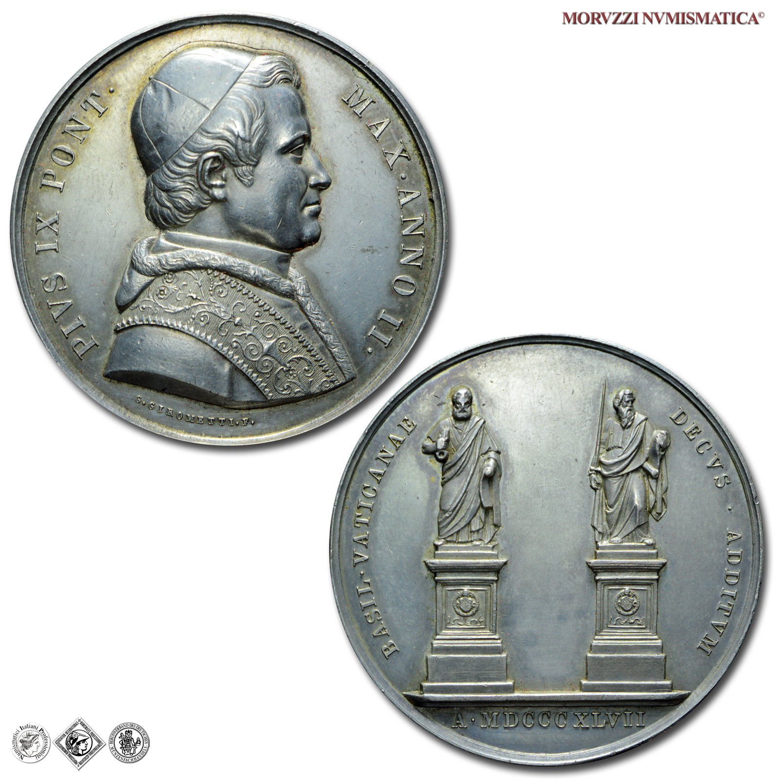 Stato Pontificio, PIO IX, Mastai Ferretti, MEDAGLIA ANNUALE IN ARGENTO, 1847 ANNO II, Collocamento delle statue degli apostoli, Opus Giuseppe Girometti, SPL, (Bartolotti E847) / medaglie papali pontificie annuali d'argento | Moruzzi Numismatica