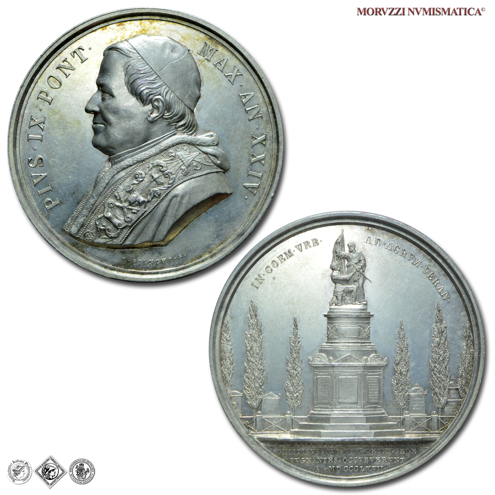 Stato Pontificio, PIO IX, Mastai Ferretti, MEDAGLIA ANNUALE IN ARGENTO, AN XXIV (1869), Monumento ai caduti eretto al Campo Verano, Opus Ignazio Bianchi, FDC, (R), (Bartolotti E869) / medaglie papali pontificie annuali rare d'argento | Moruzzi Numismatica