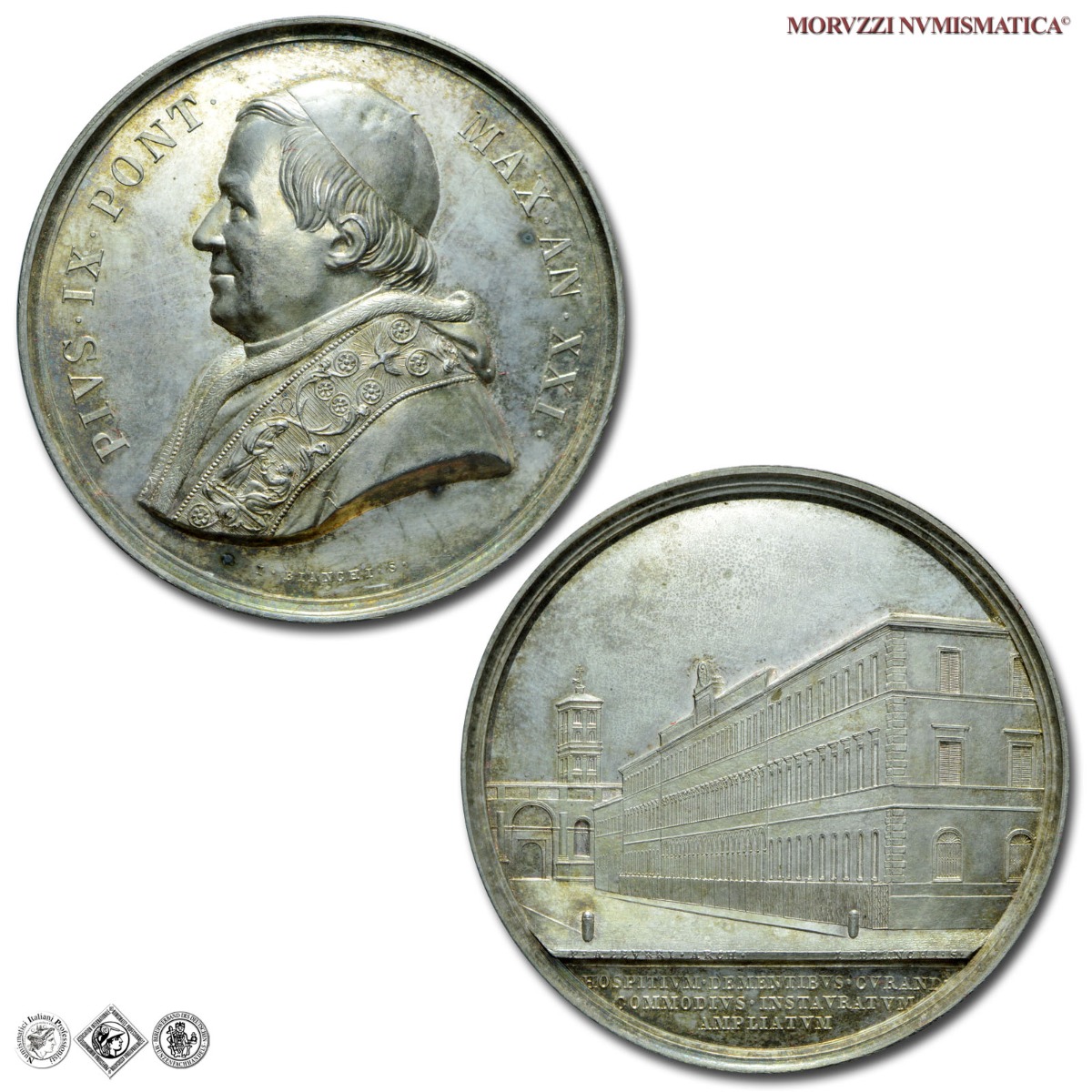 Stato Pontificio, PIO IX, Mastai Ferretti, MEDAGLIA ANNUALE IN ARGENTO, 1866 A XXI, Ospedale Psichiatrico, Opus Ignazio Bianchi, FDC, (R), (Bartolotti E866) / medaglie papali pontificie annuali rare d'argento | Moruzzi Numismatica