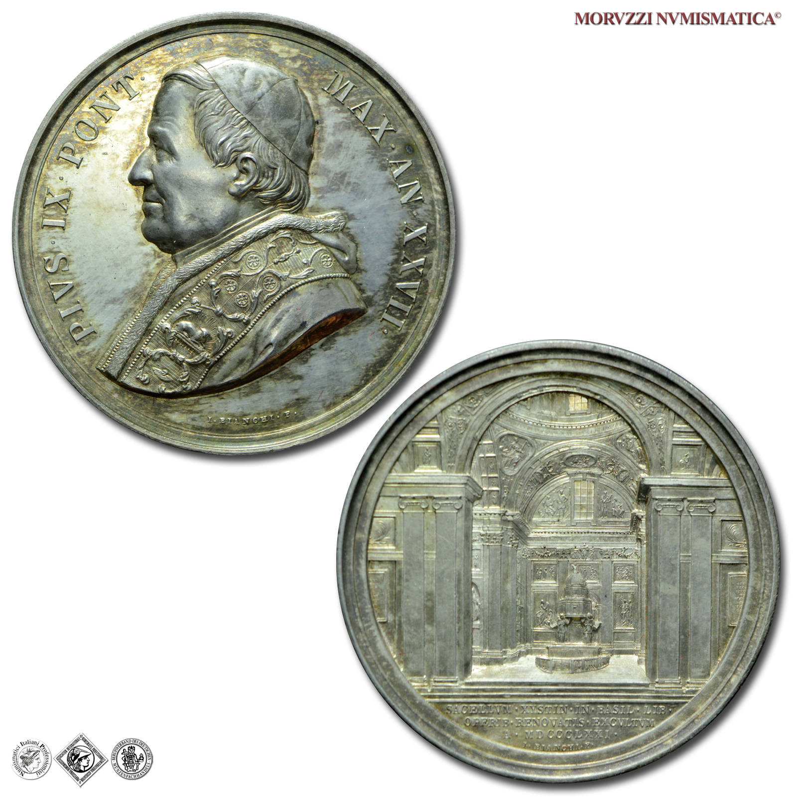 Stato Pontificio, PIO IX, Mastai Ferretti, MEDAGLIA ANNUALE IN ARGENTO, 1872 AN XXVII, Restauri alla Cappella Sistina in Santa Maria Maggiore, Opus Ignazio Bianchi, FDC, (NC), (Bartolotti E872) / medaglie papali pontificie annuali d'argento | Moruzzi Numismatica