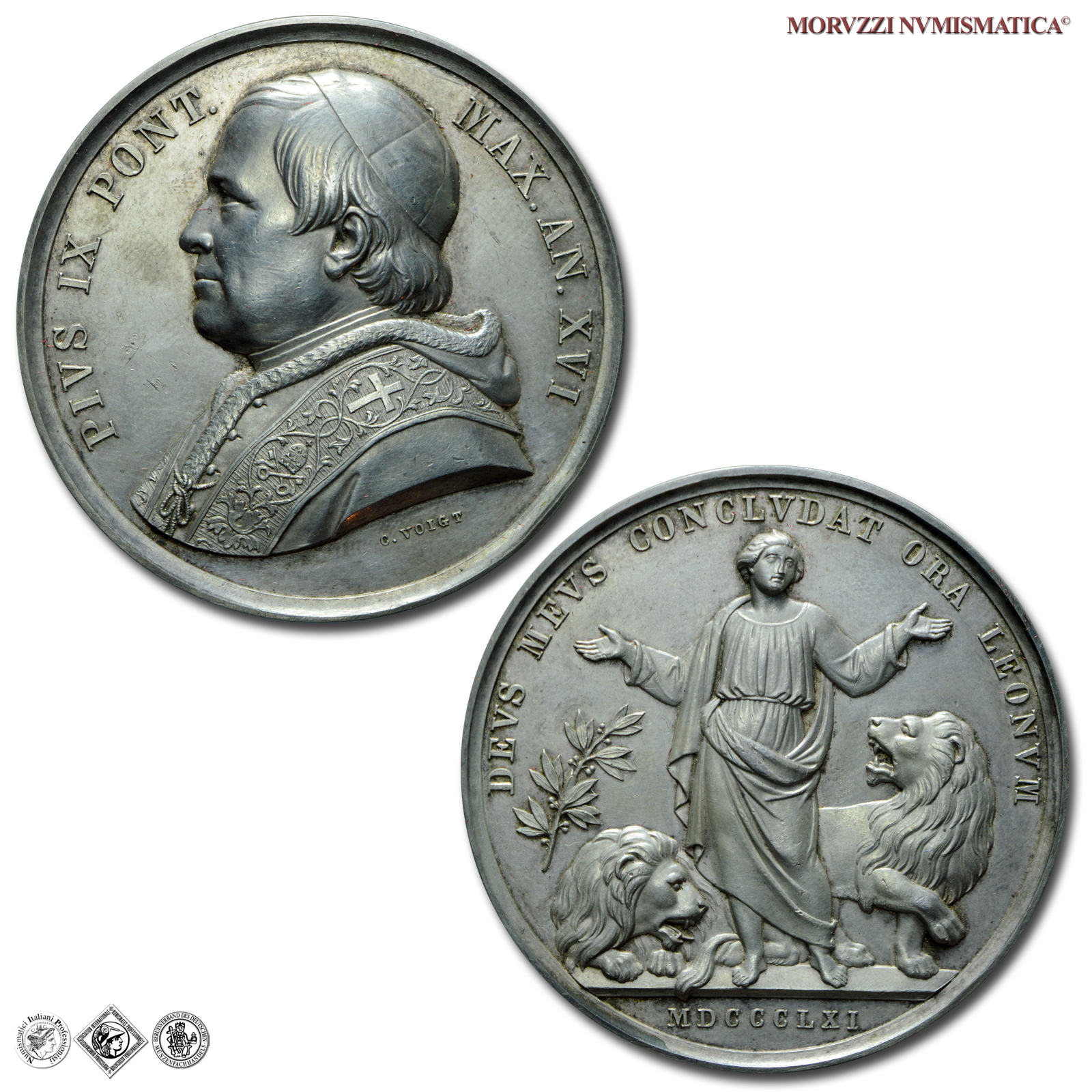 Stato Pontificio, PIO IX, Mastai Ferretti, MEDAGLIA ANNUALE IN ARGENTO, 1861 AN XVI, Contro i nemici dello Stato Pontificio, Opus Carlo Voigt, FDC, (Bartolotti E861) / medaglie papali pontificie annuali d'argento | Moruzzi Numismatica